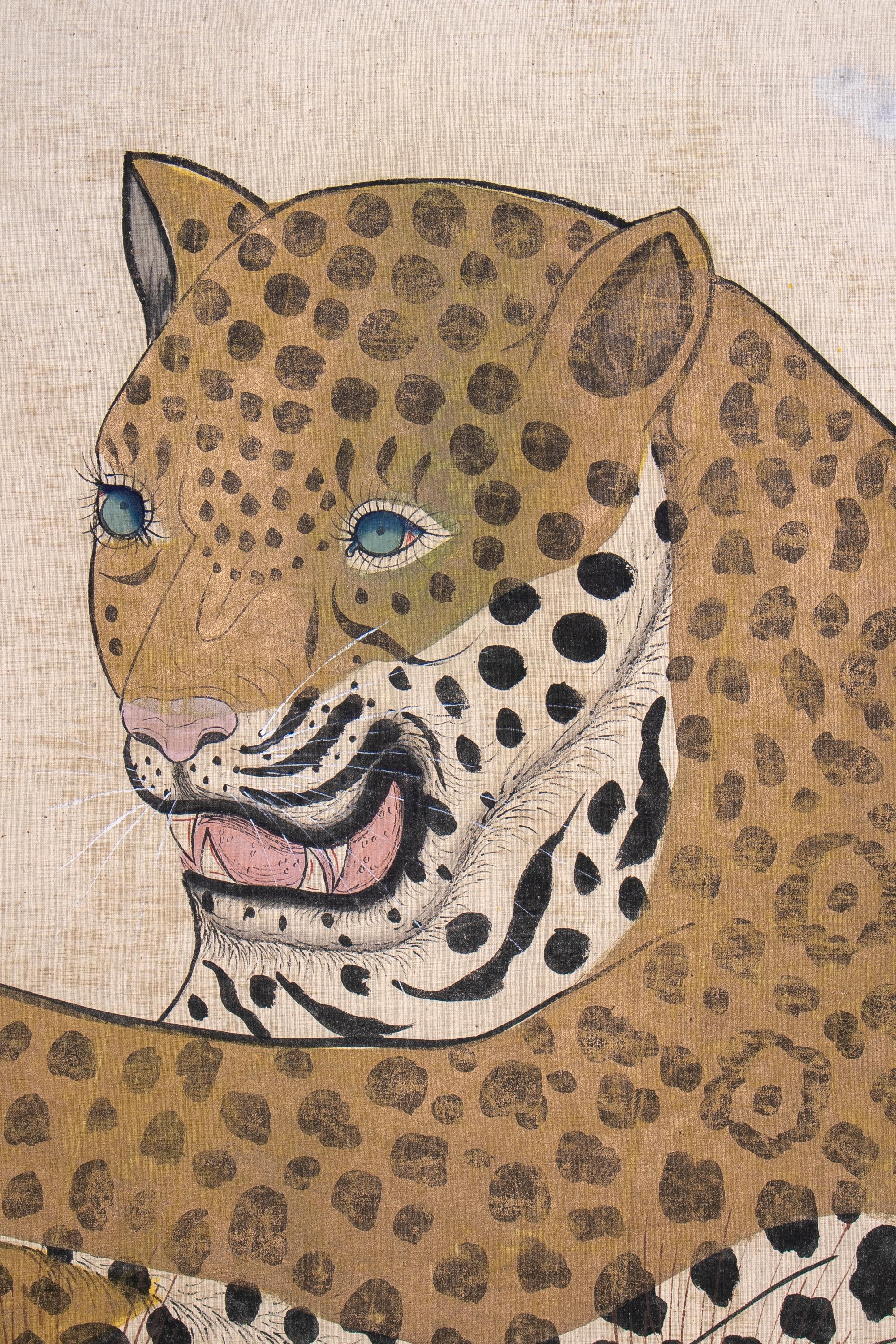 Indian 1980s Jaime Parlade Designer Framed Hand Drawn Cheetah on Canvas