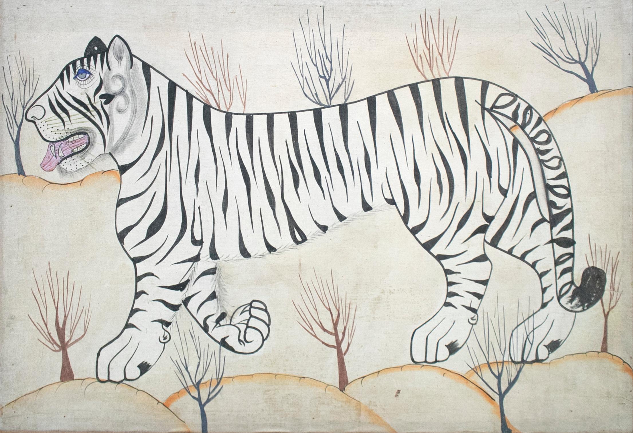 1980s Jaime Parlade designer framed hand drawn white tiger on canvas.