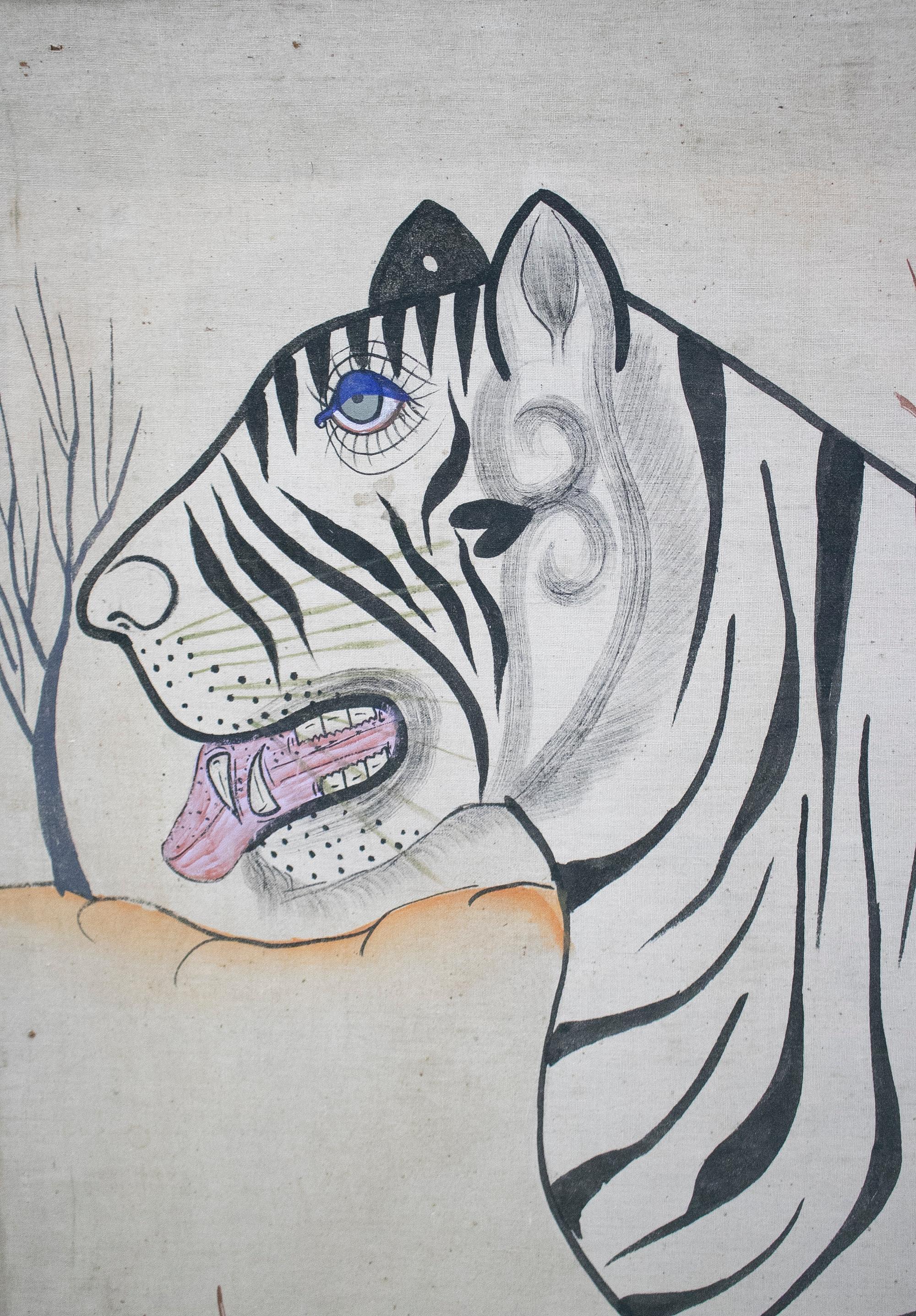 Indian 1980s Jaime Parlade Designer Framed Hand Drawn White Tiger Canvas