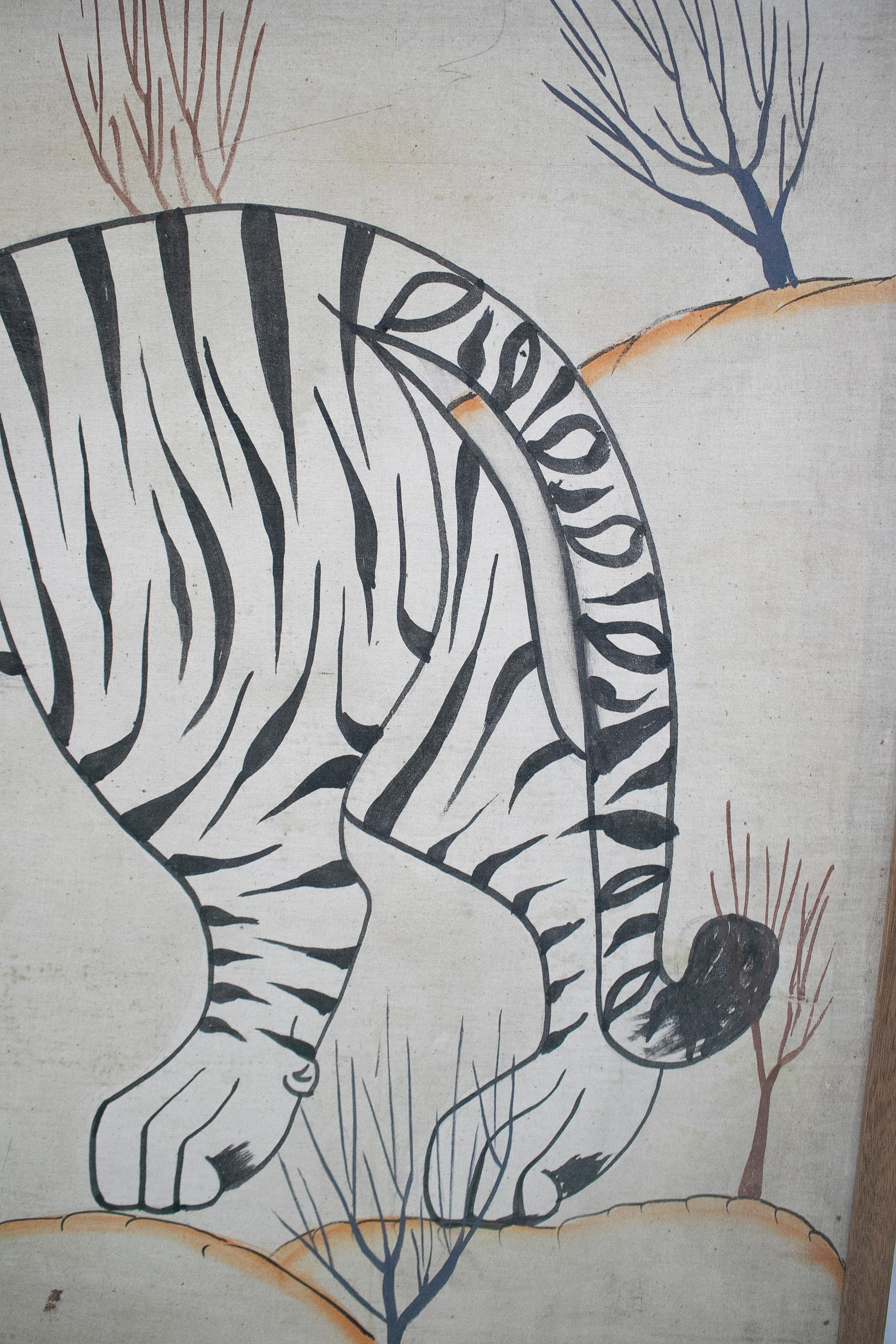 1980s Jaime Parlade Designer Framed Hand Drawn White Tiger Canvas 1