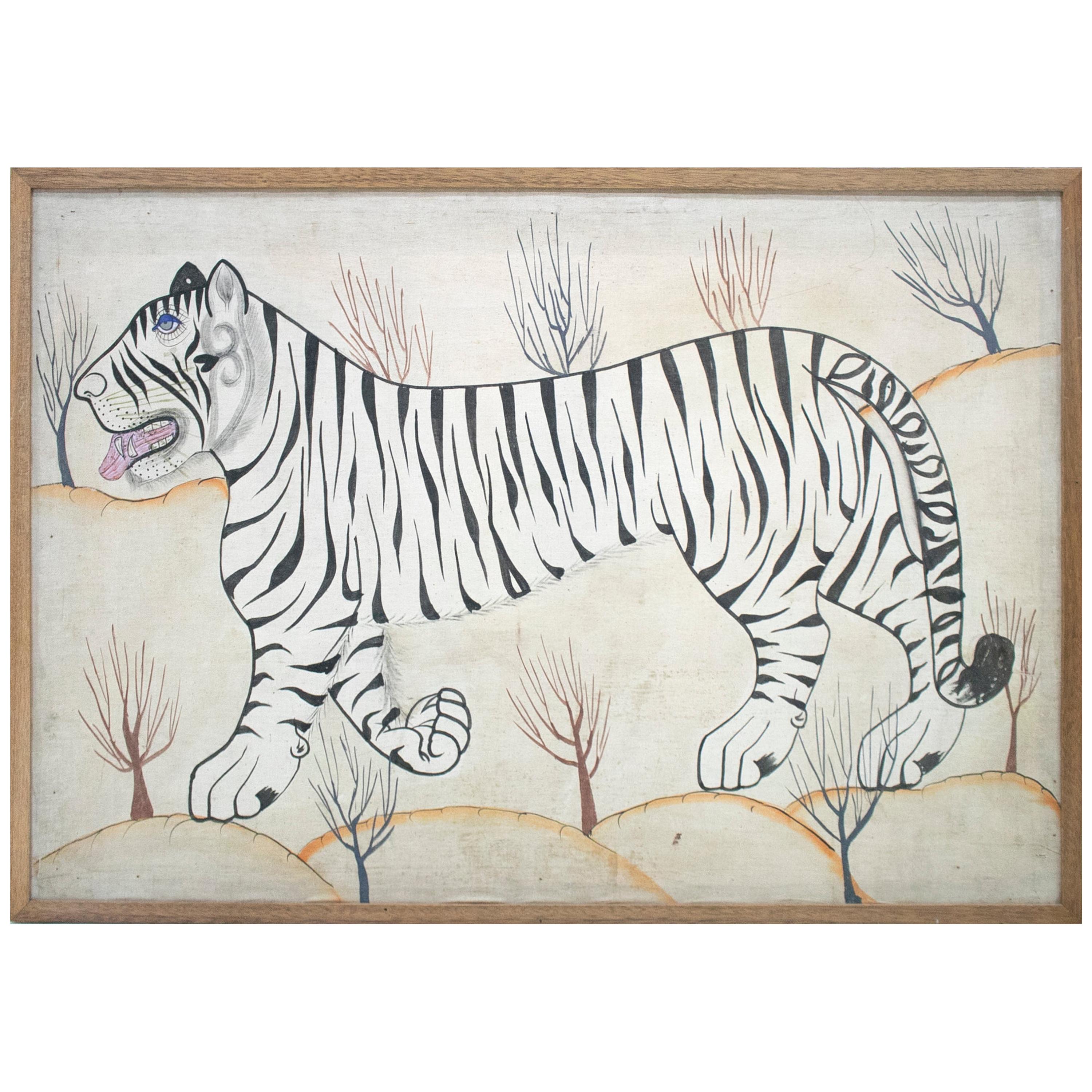 1980s Jaime Parlade Designer Framed Hand Drawn White Tiger Canvas