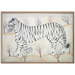 1980s Jaime Parlade Designer Framed Hand Drawn White Tiger Canvas