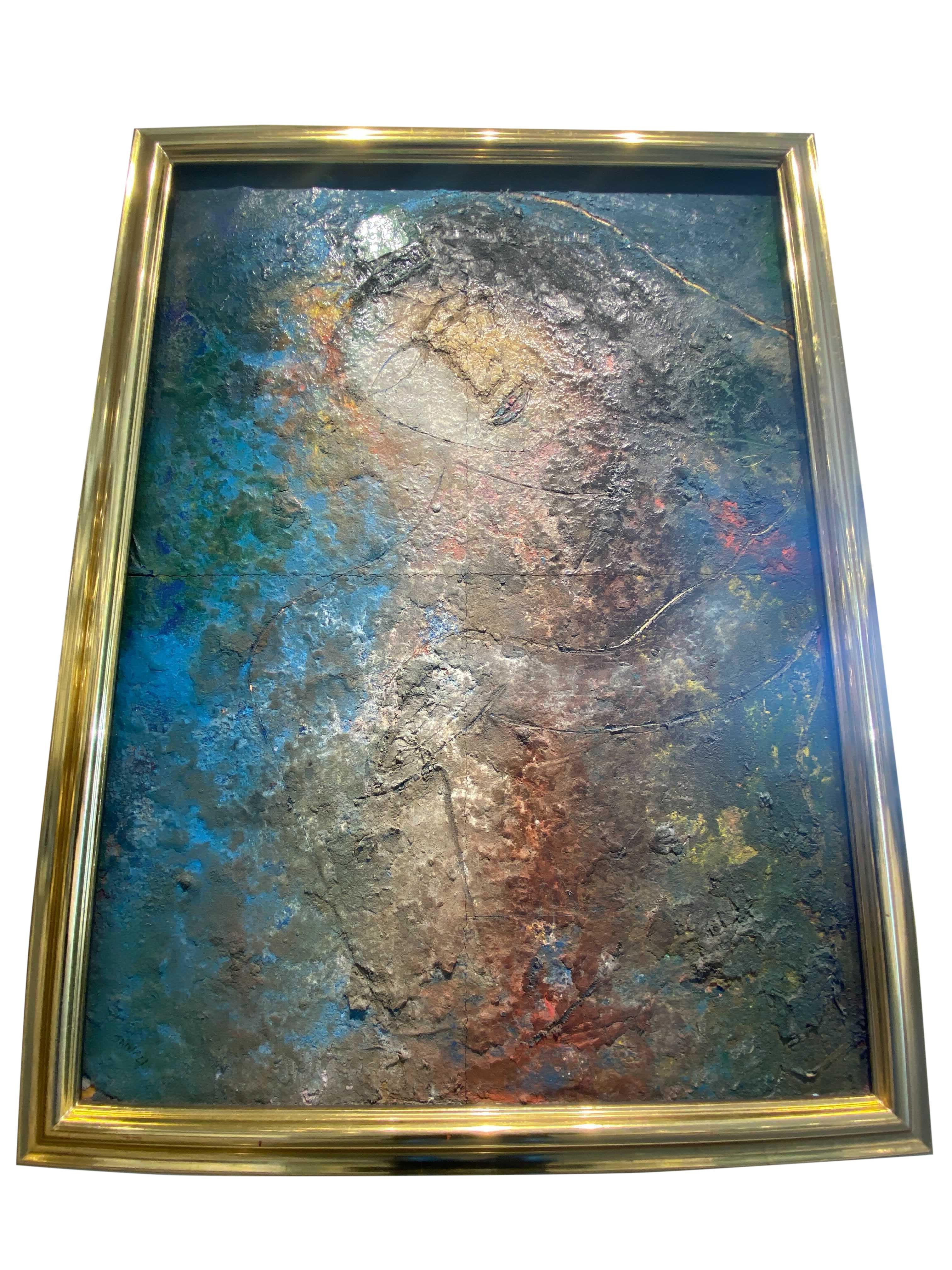 One of the early creations of avant-garde artist Jamali who popularized the 'Mystical Expressionism' style of painting.
It is in an open frame (no glass) which has a dimension of 43 in x 57 in. This piece is currently displayed in a fine rug