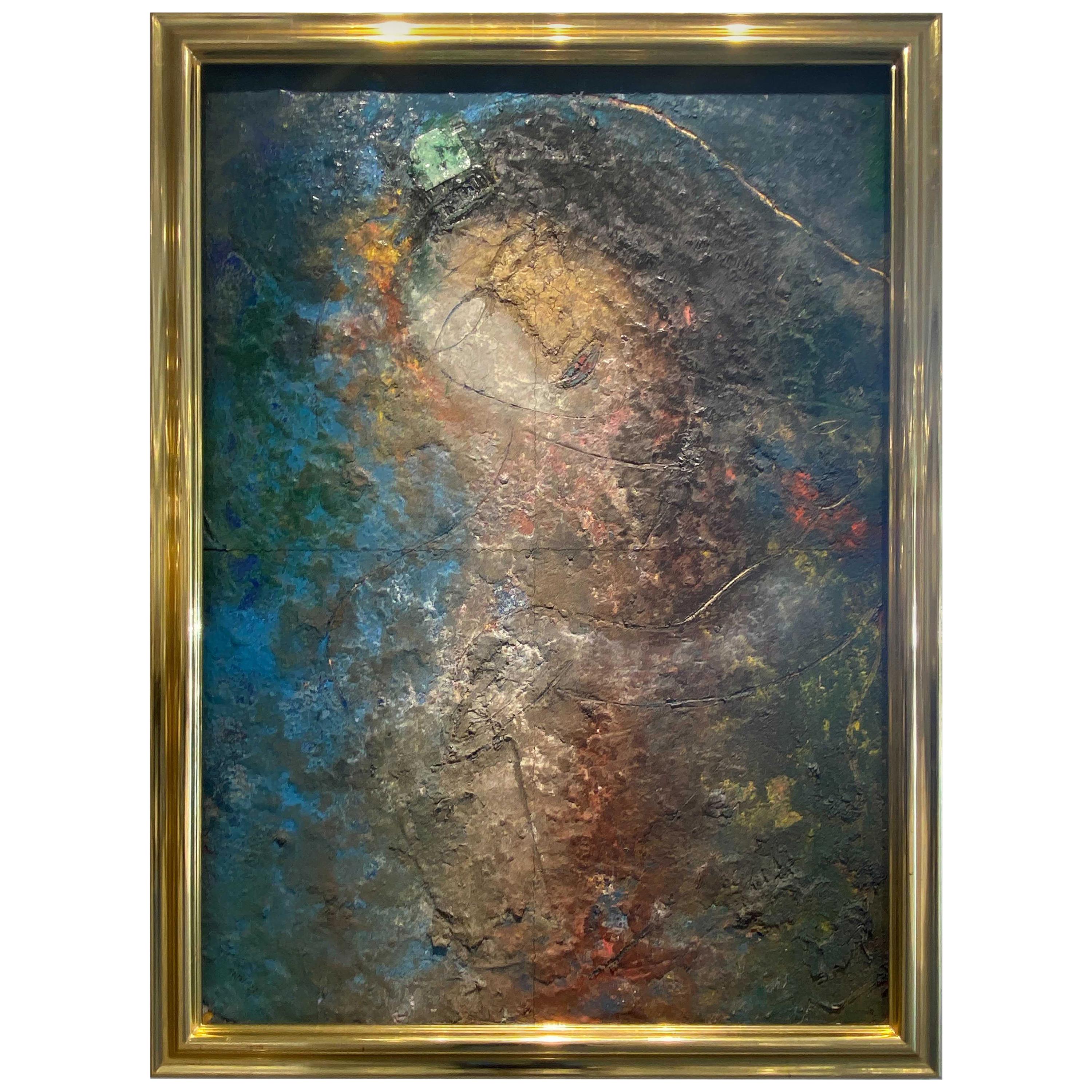 Pittura Jamali degli anni '80 in stile "Espressionismo mistico" con cornice dorata aperta