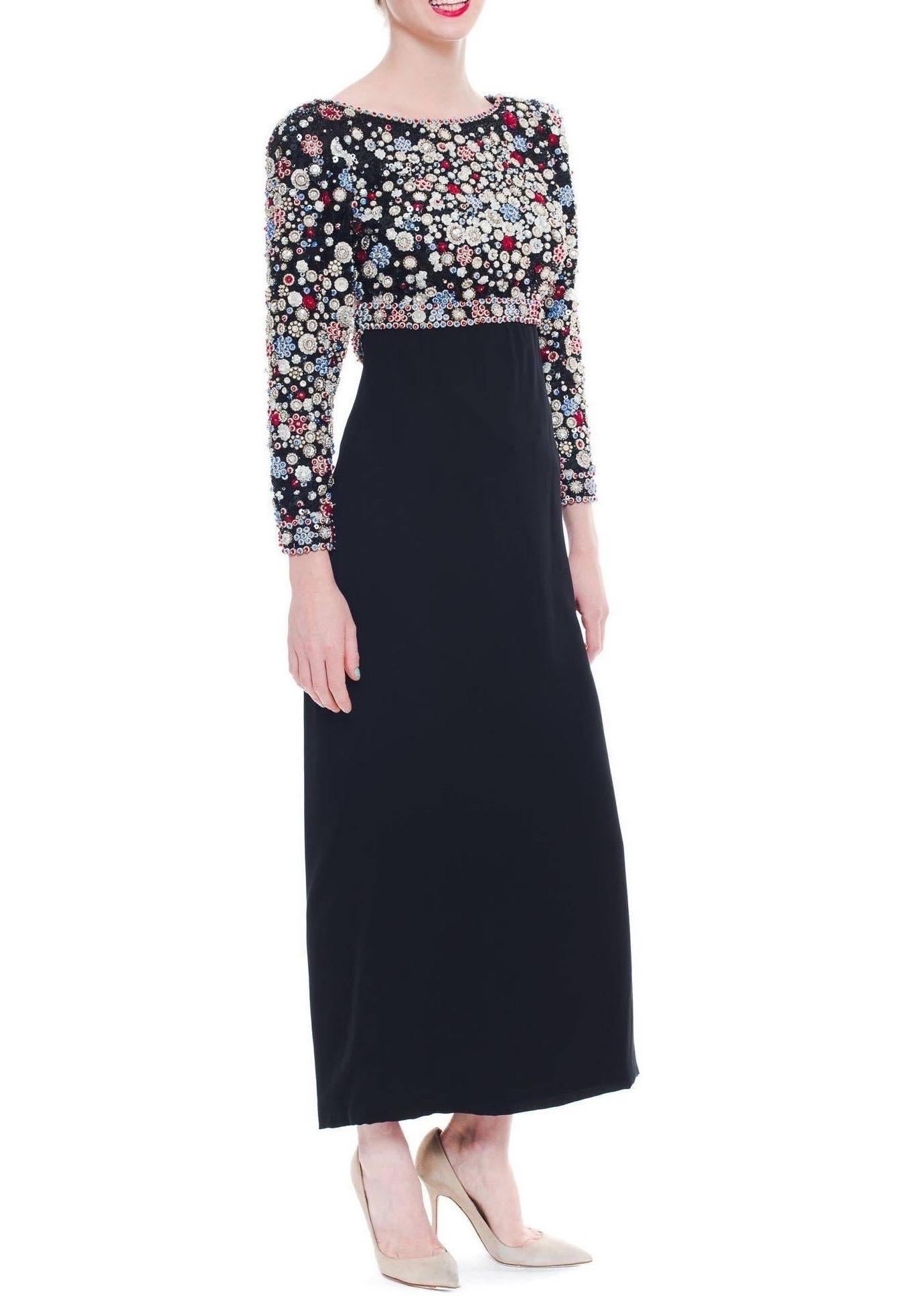 1980S JAMES GALANOS Black Silk Long Sleeve Cut-Out Back Gown With Polka Dot Cry In Good Condition For Sale In New York, NY