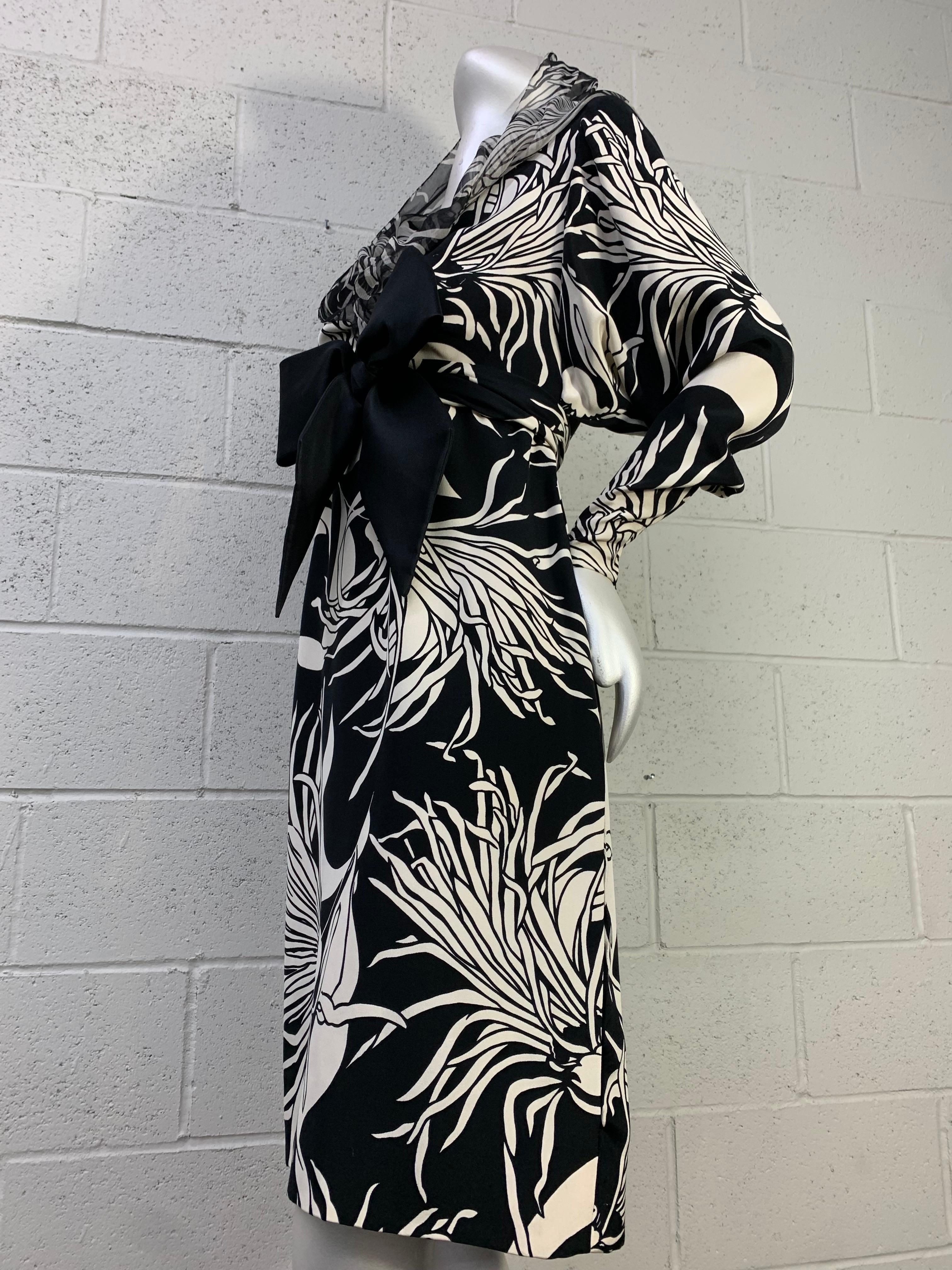 1980s James Galanos Black & White Chrysanthemum Print Sheath w Sheer Snood Hood For Sale 7