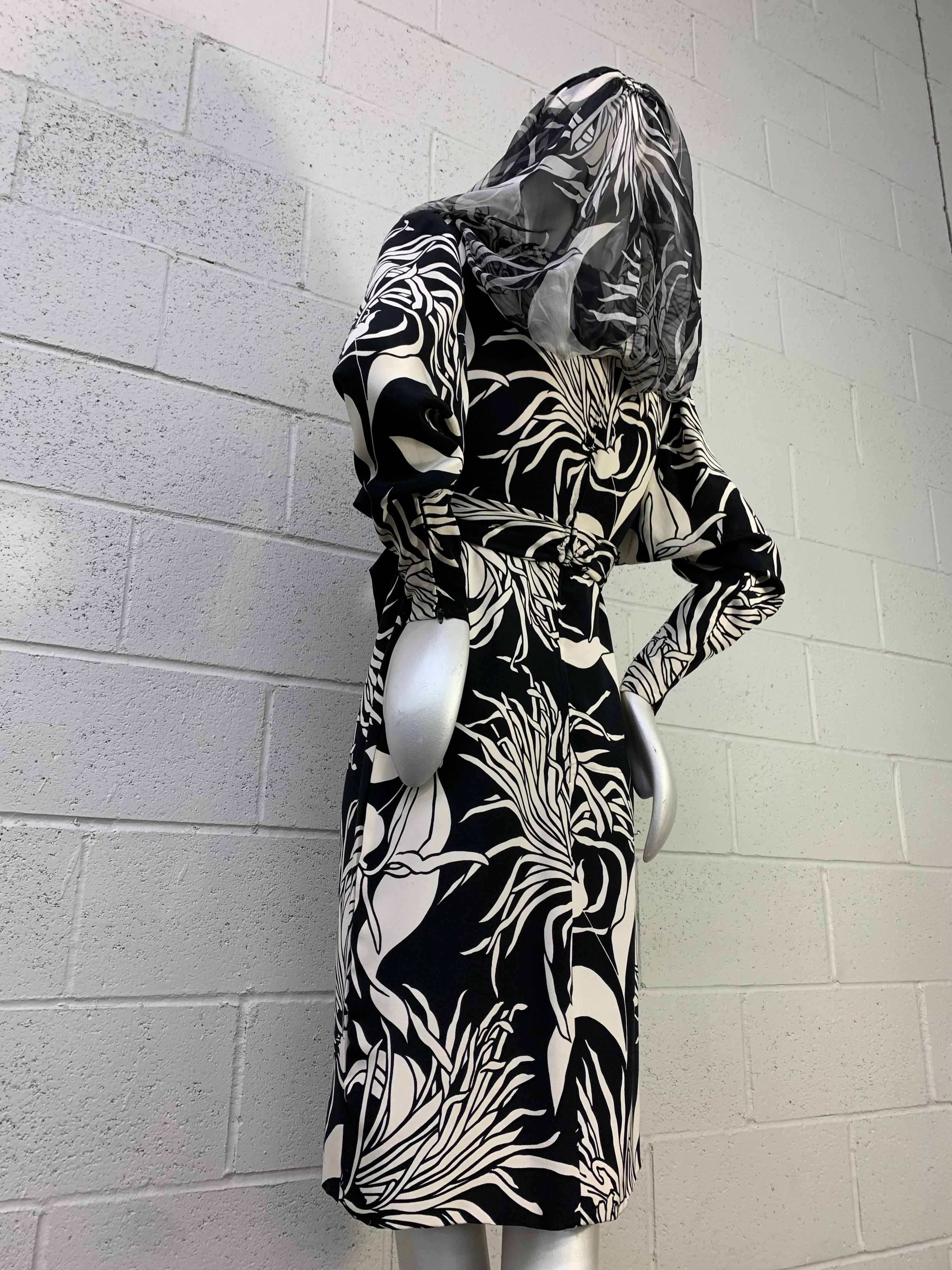1980s James Galanos Black & White Chrysanthemum Print Sheath w Sheer Snood Hood: A spectacular print in silk crepe, knee length with large black silk gazar bow at front, banded waist and a dramatic sheer silk chiffon matching print snood-like hood!