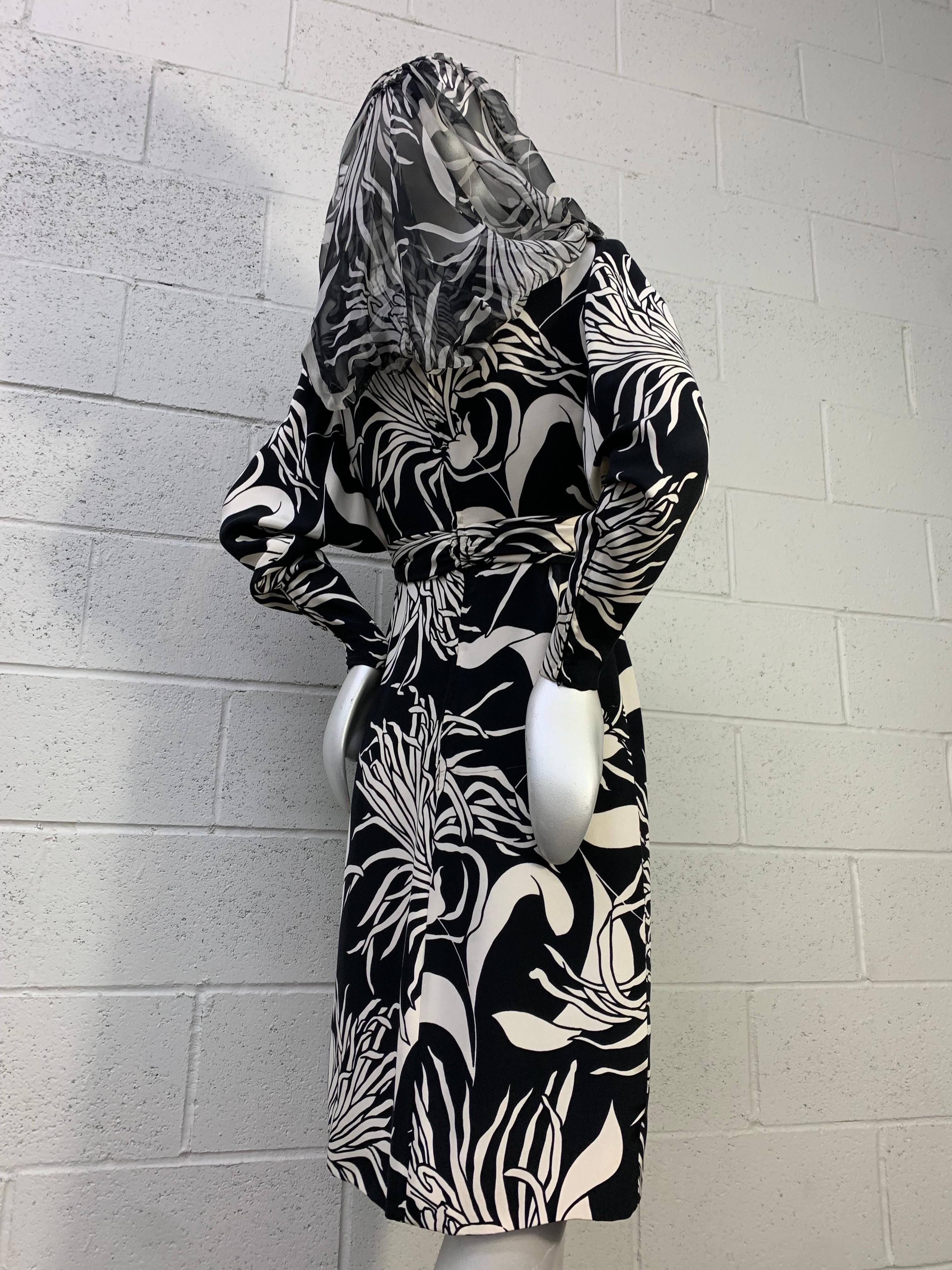 1980s James Galanos Black & White Chrysanthemum Print Sheath w Sheer Snood Hood In Excellent Condition For Sale In Gresham, OR