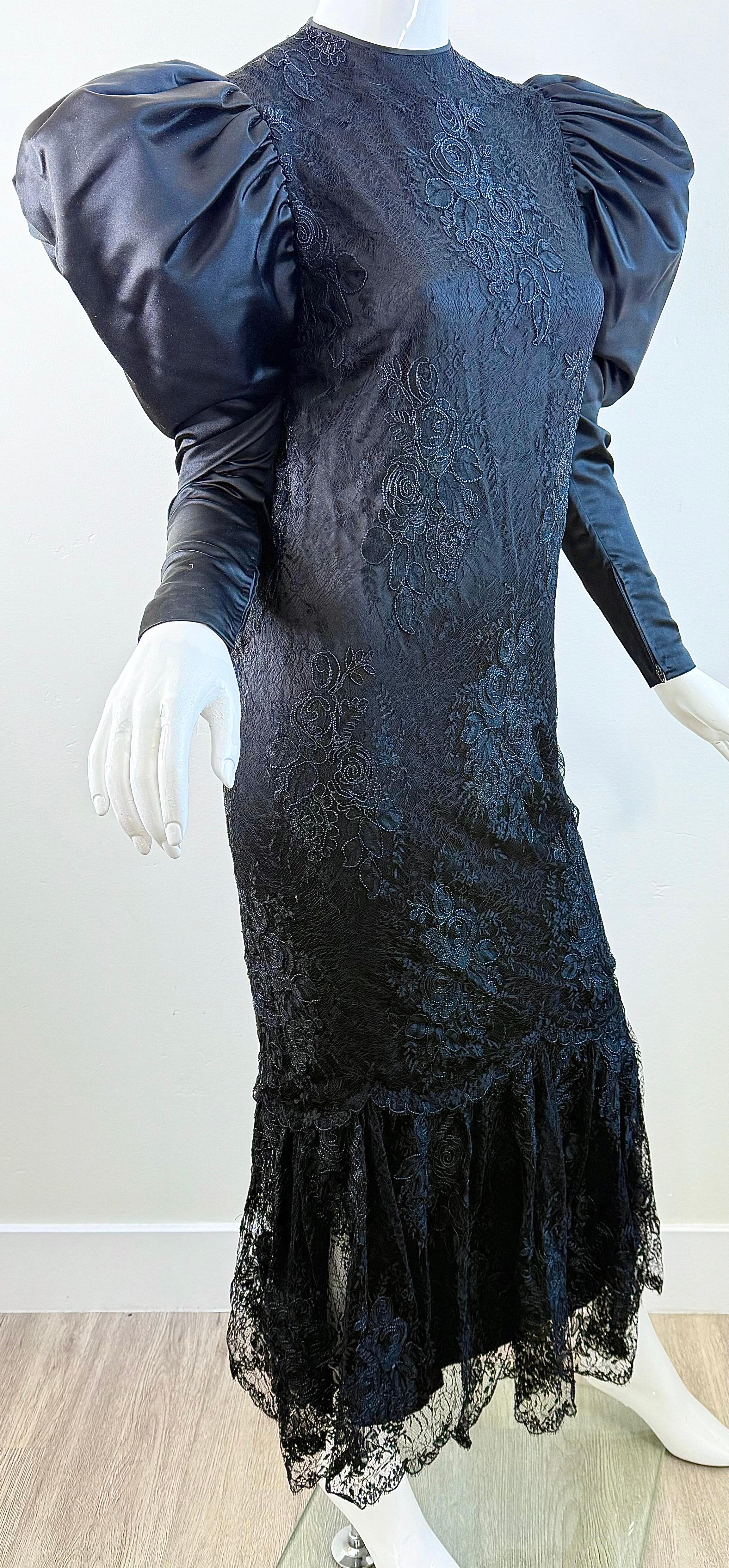 1980s James Galanos Couture Black Lace & Satin Puff-Sleeve 80s Gala Evening Gown For Sale 6