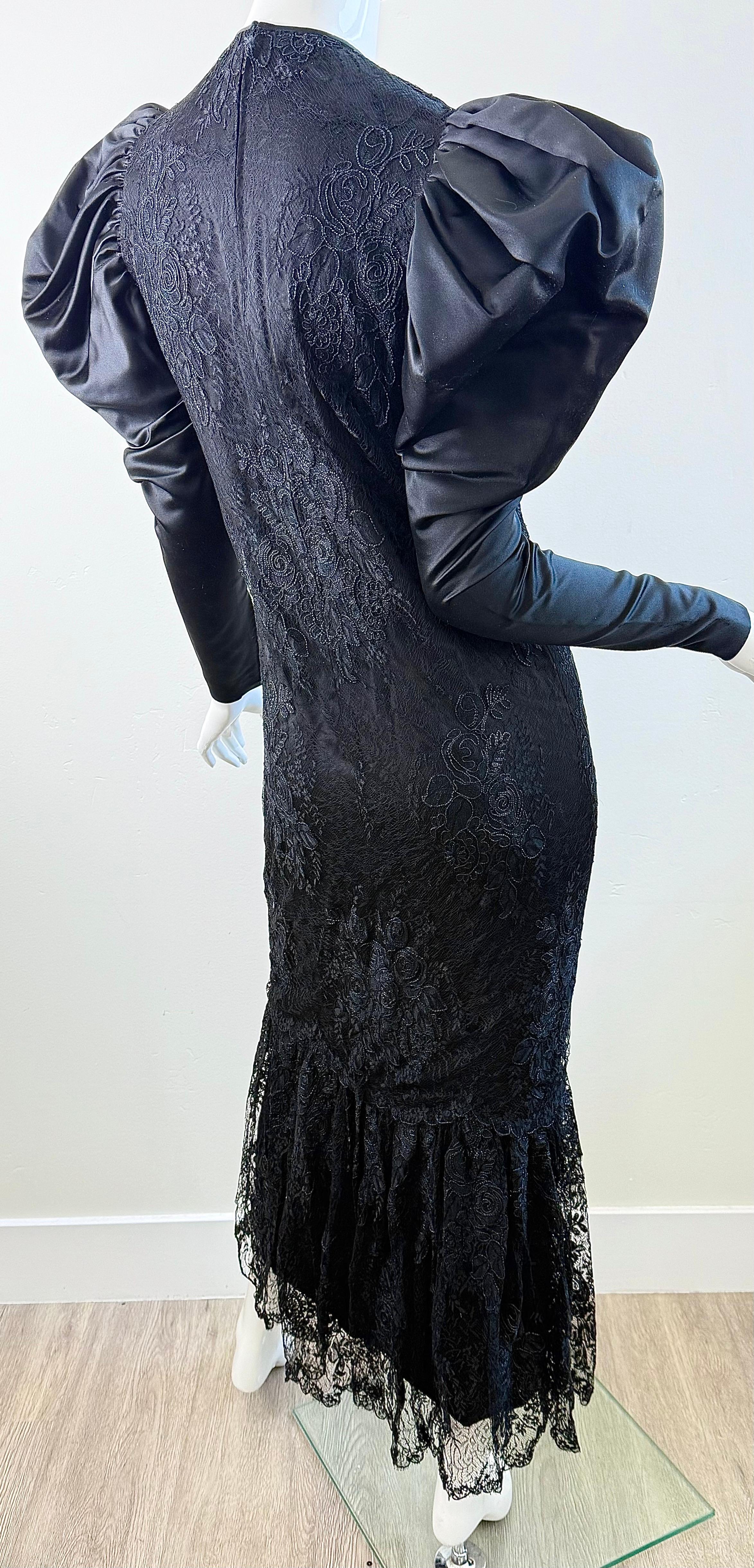 1980s James Galanos Couture Black Lace & Satin Puff-Sleeve 80s Gala Evening Gown For Sale 7
