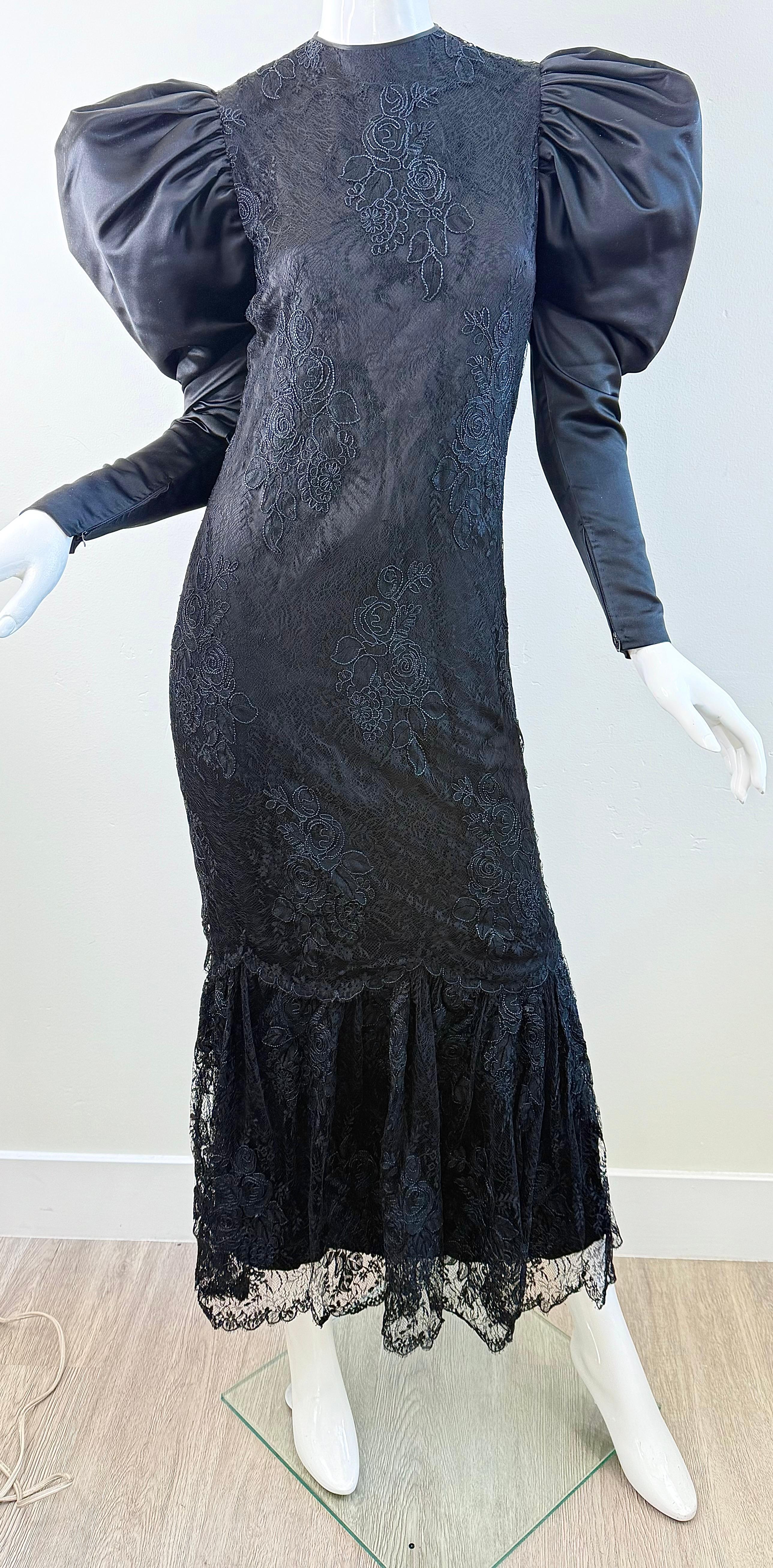 1980s James Galanos Couture Black Lace & Satin Puff-Sleeve 80s Gala Evening Gown For Sale 8