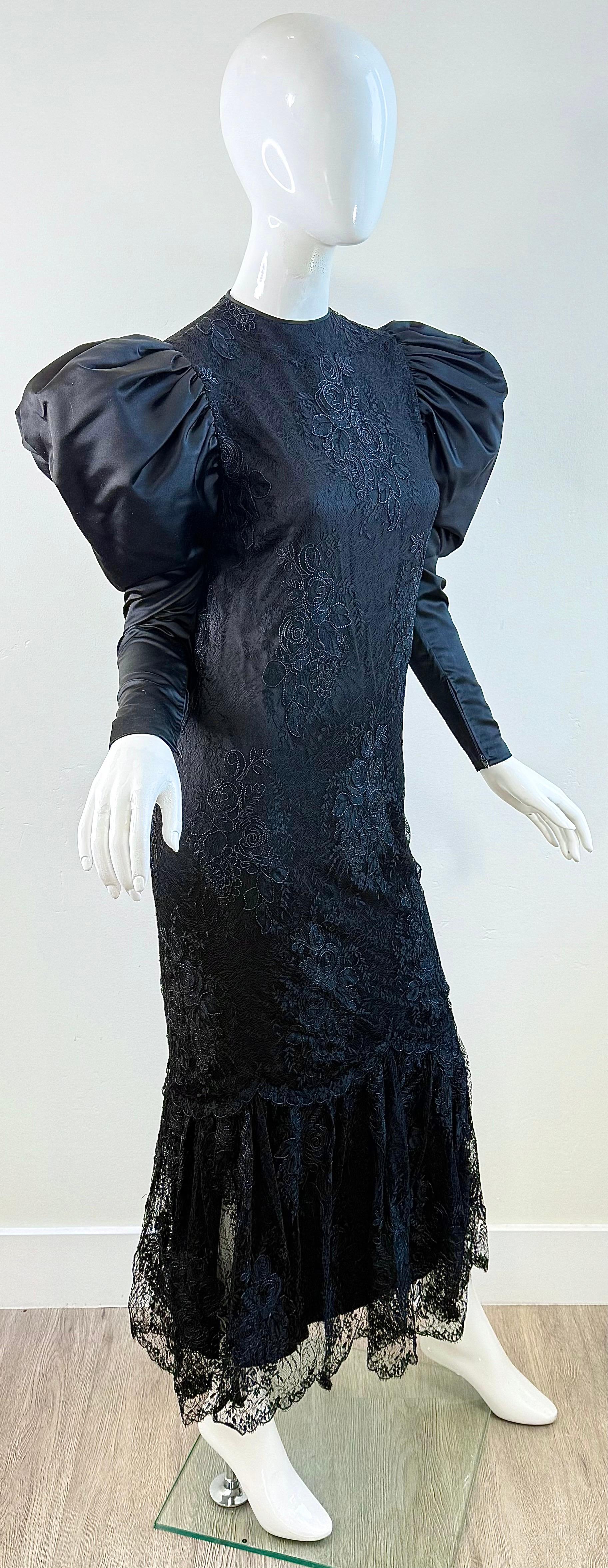 1980s James Galanos Couture Black Lace & Satin Puff-Sleeve 80s Gala Evening Gown For Sale 9