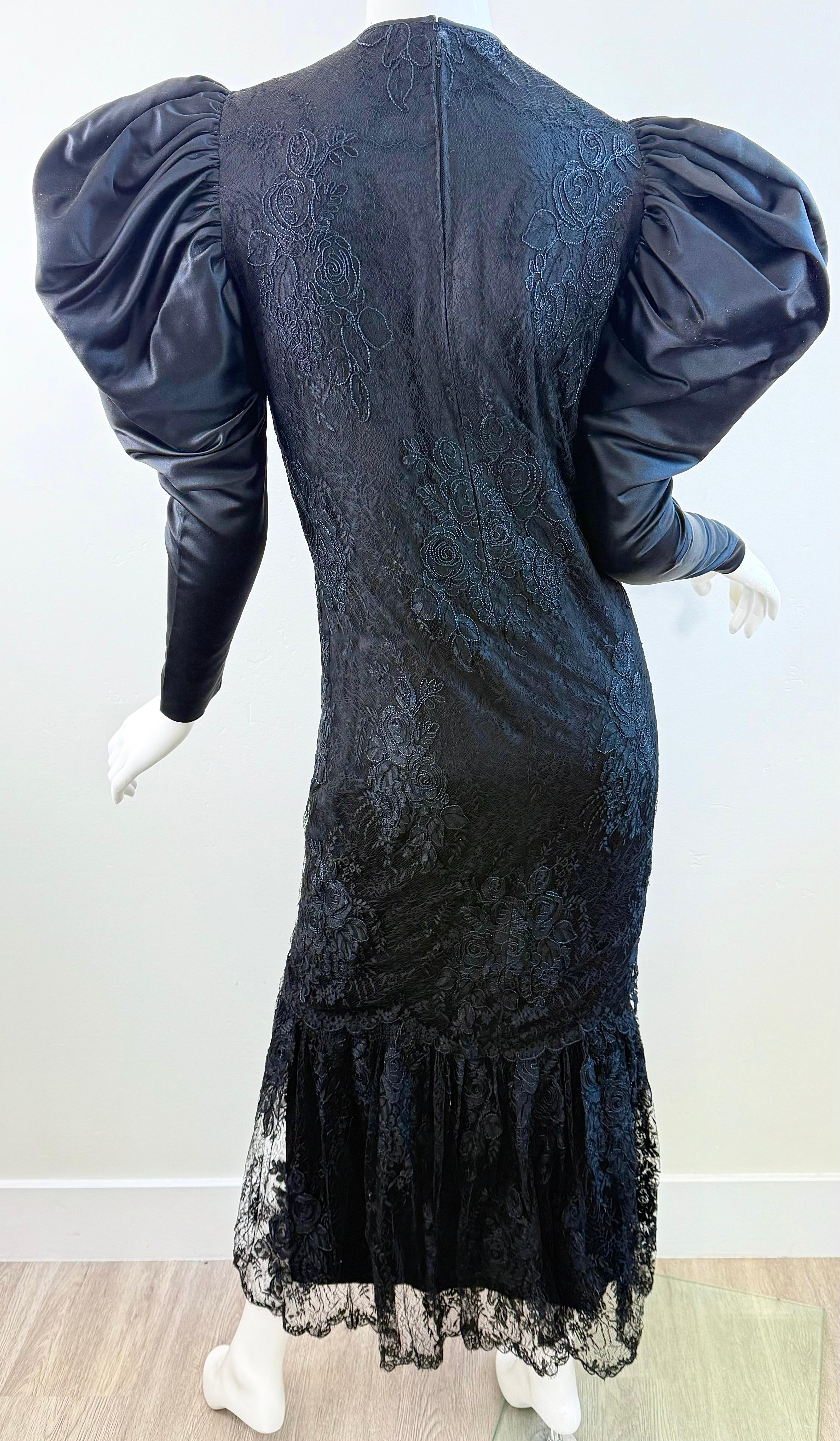 1980s James Galanos Couture Black Lace & Satin Puff-Sleeve 80s Gala Evening Gown For Sale 10
