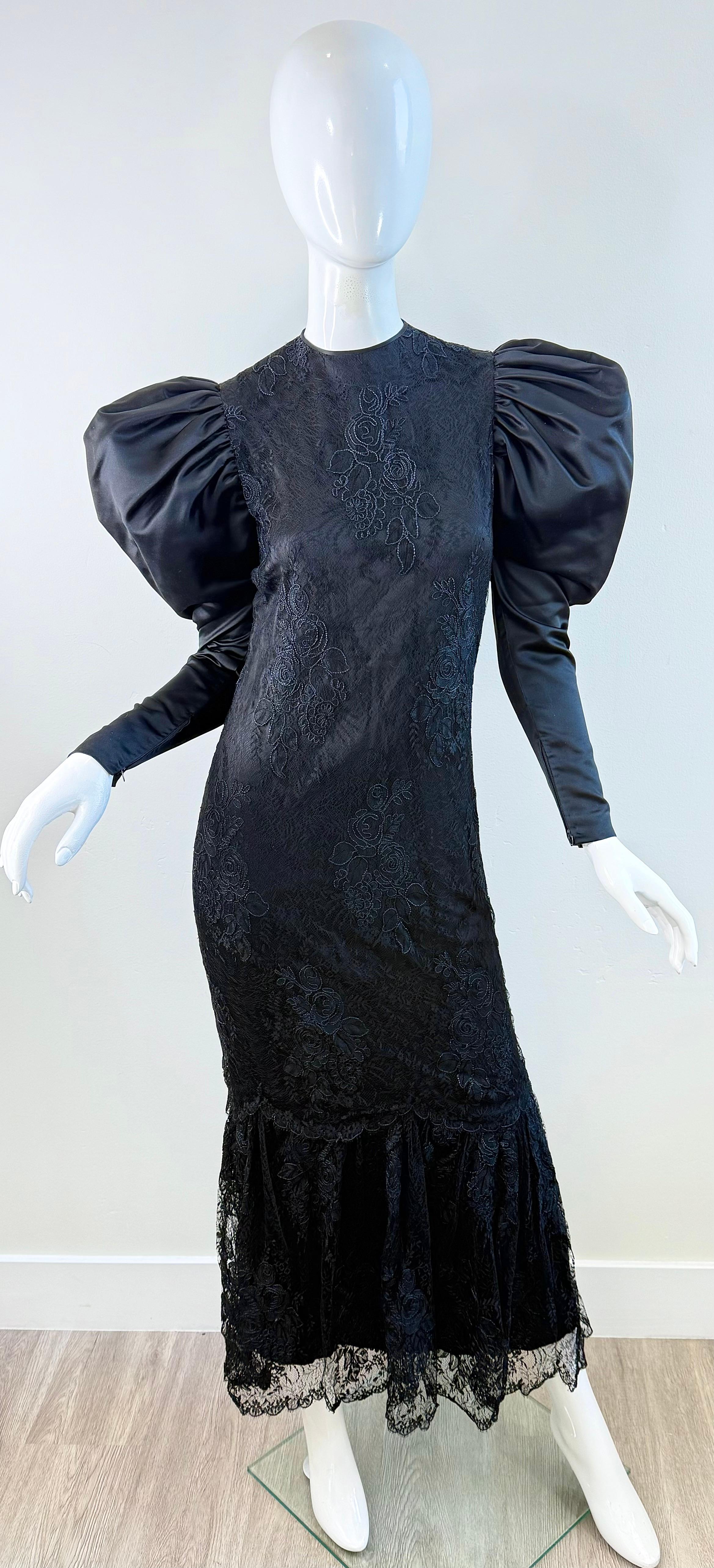 1980s James Galanos Couture Black Lace & Satin Puff-Sleeve 80s Gala Evening Gown For Sale 11