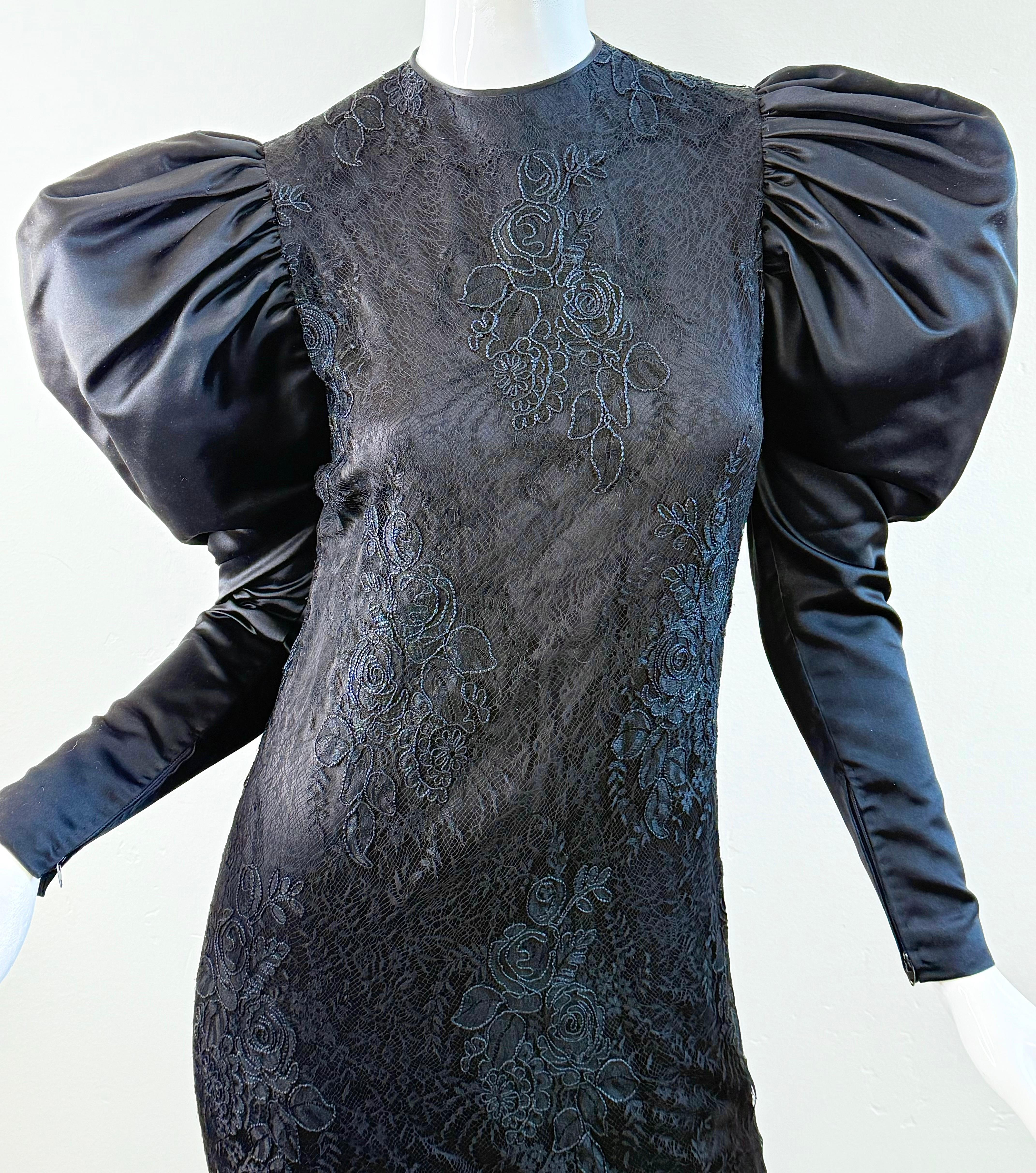 Women's 1980s James Galanos Couture Black Lace & Satin Puff-Sleeve 80s Gala Evening Gown For Sale