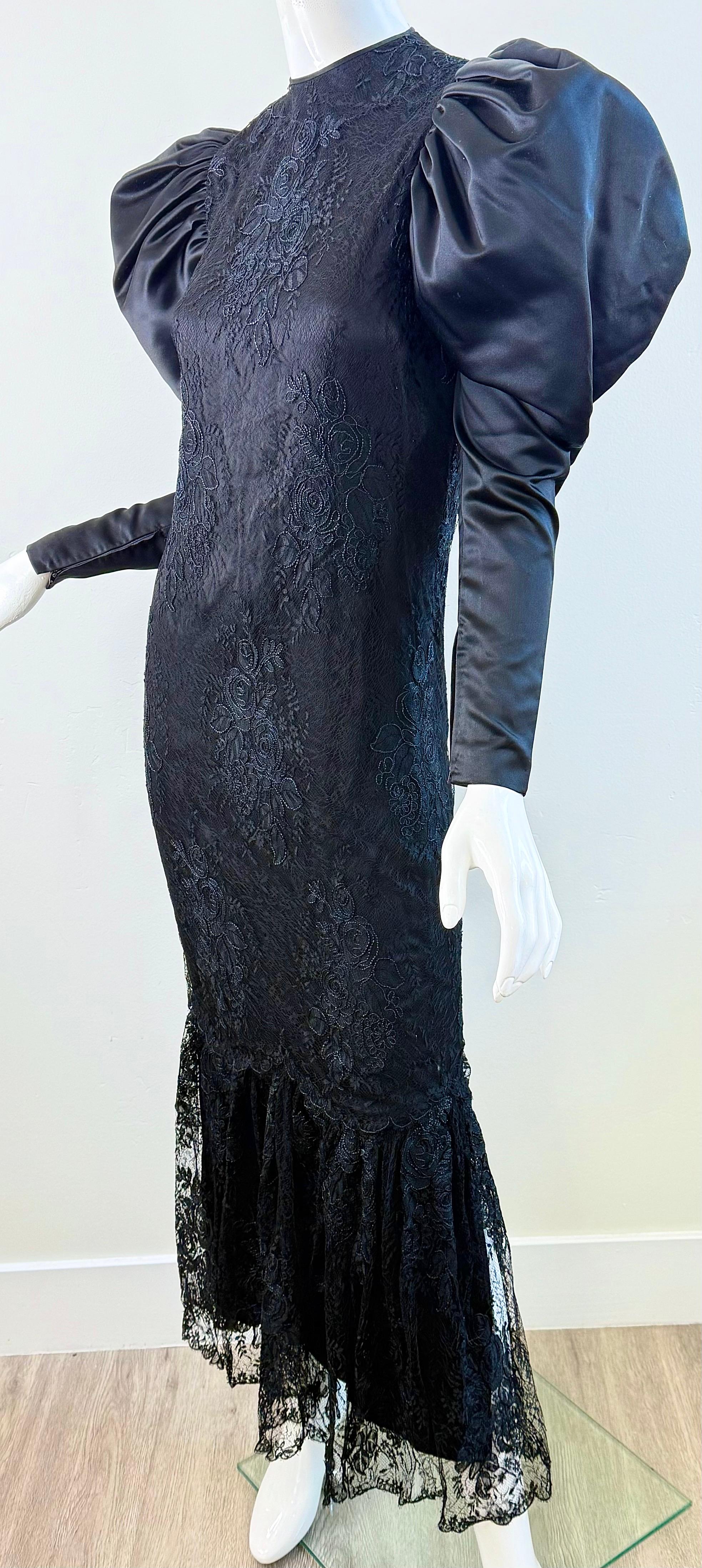 1980s James Galanos Couture Black Lace & Satin Puff-Sleeve 80s Gala Evening Gown For Sale 2