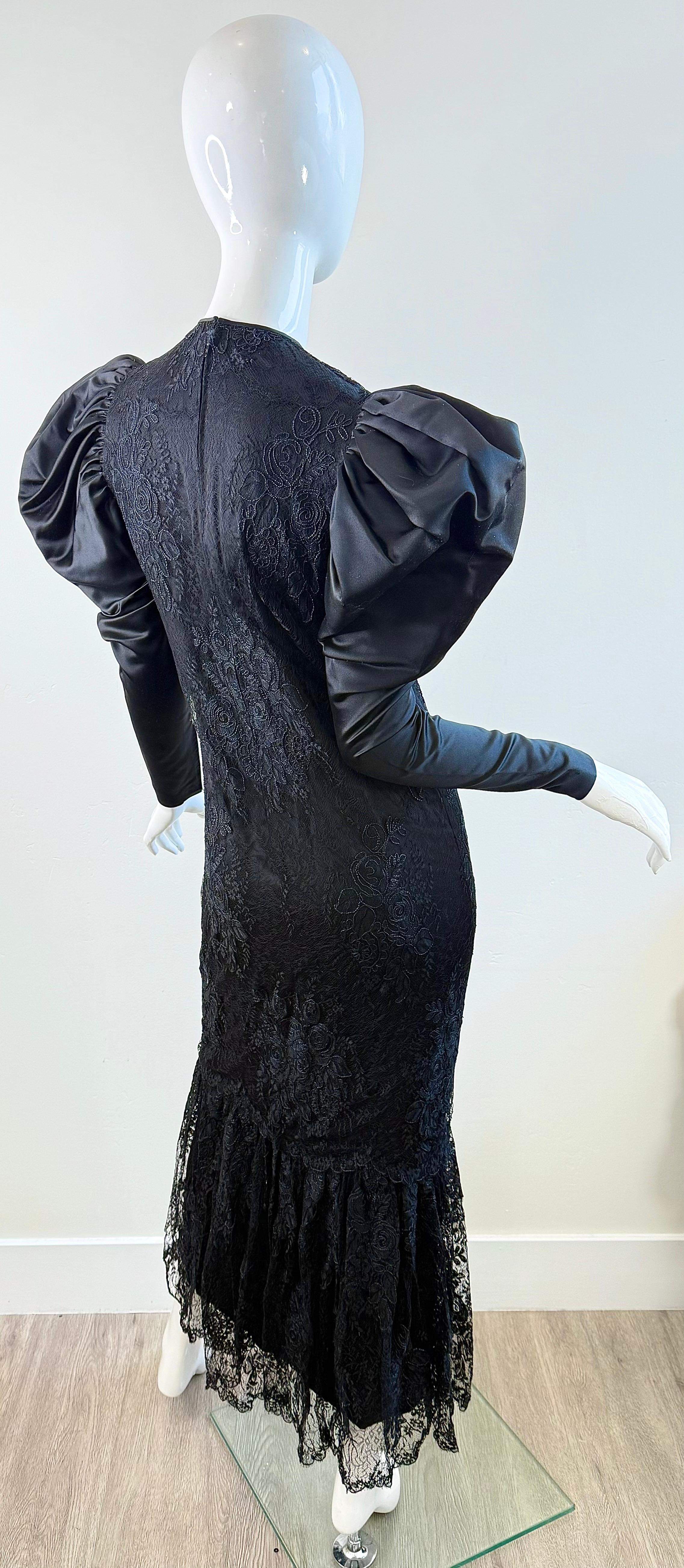 1980s James Galanos Couture Black Lace & Satin Puff-Sleeve 80s Gala Evening Gown For Sale 3