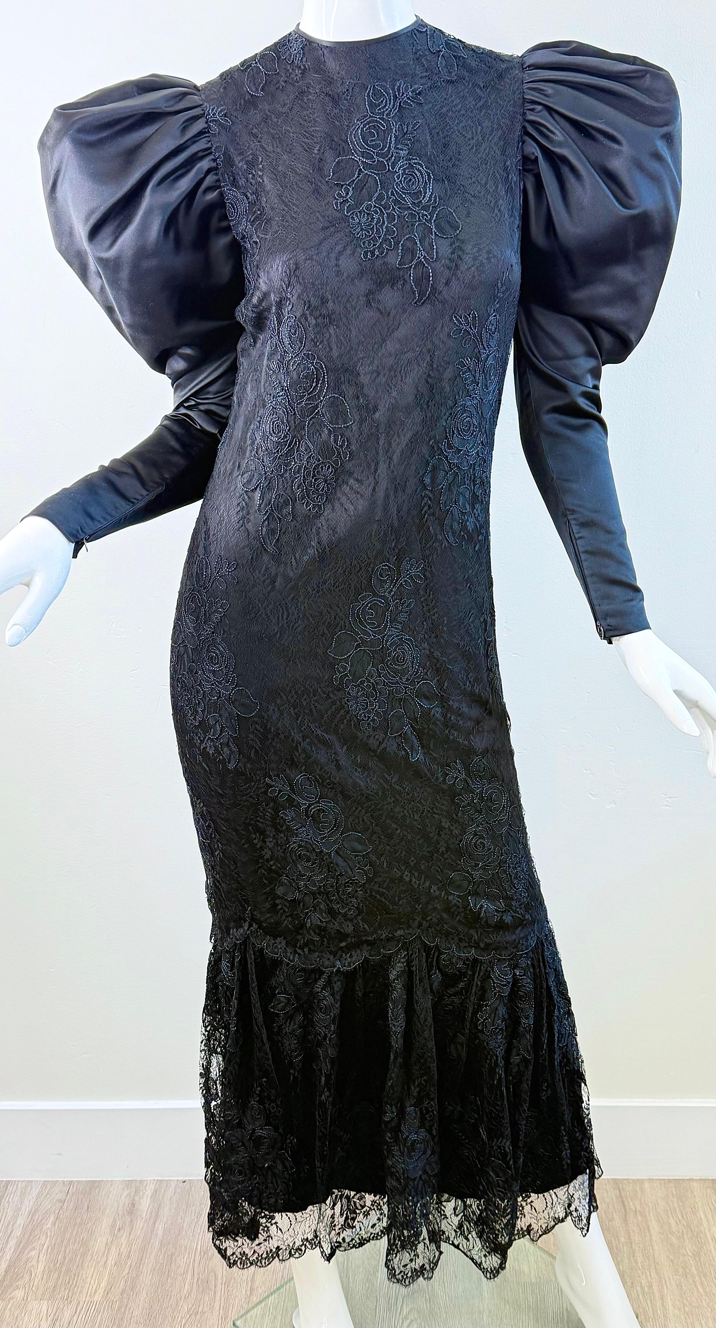1980s James Galanos Couture Black Lace & Satin Puff-Sleeve 80s Gala Evening Gown For Sale 4