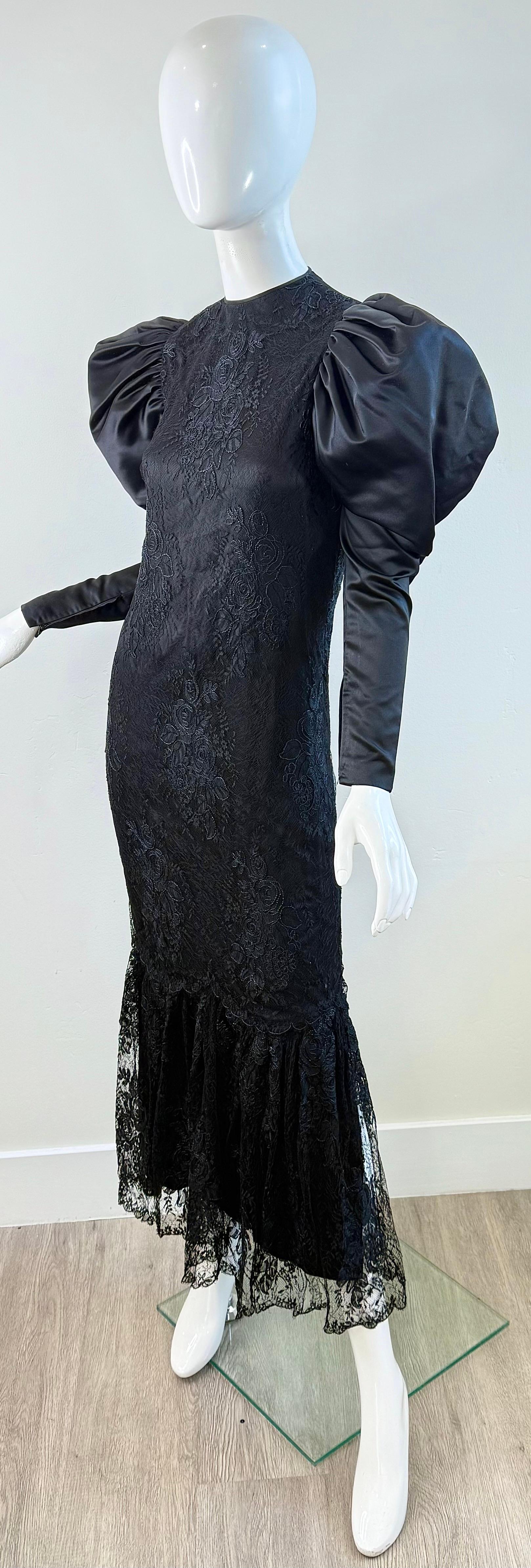 1980s James Galanos Couture Black Lace & Satin Puff-Sleeve 80s Gala Evening Gown For Sale 5
