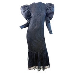 1980s James Galanos Couture Black Lace & Satin Puff-Sleeve 80s Gala Evening Gown