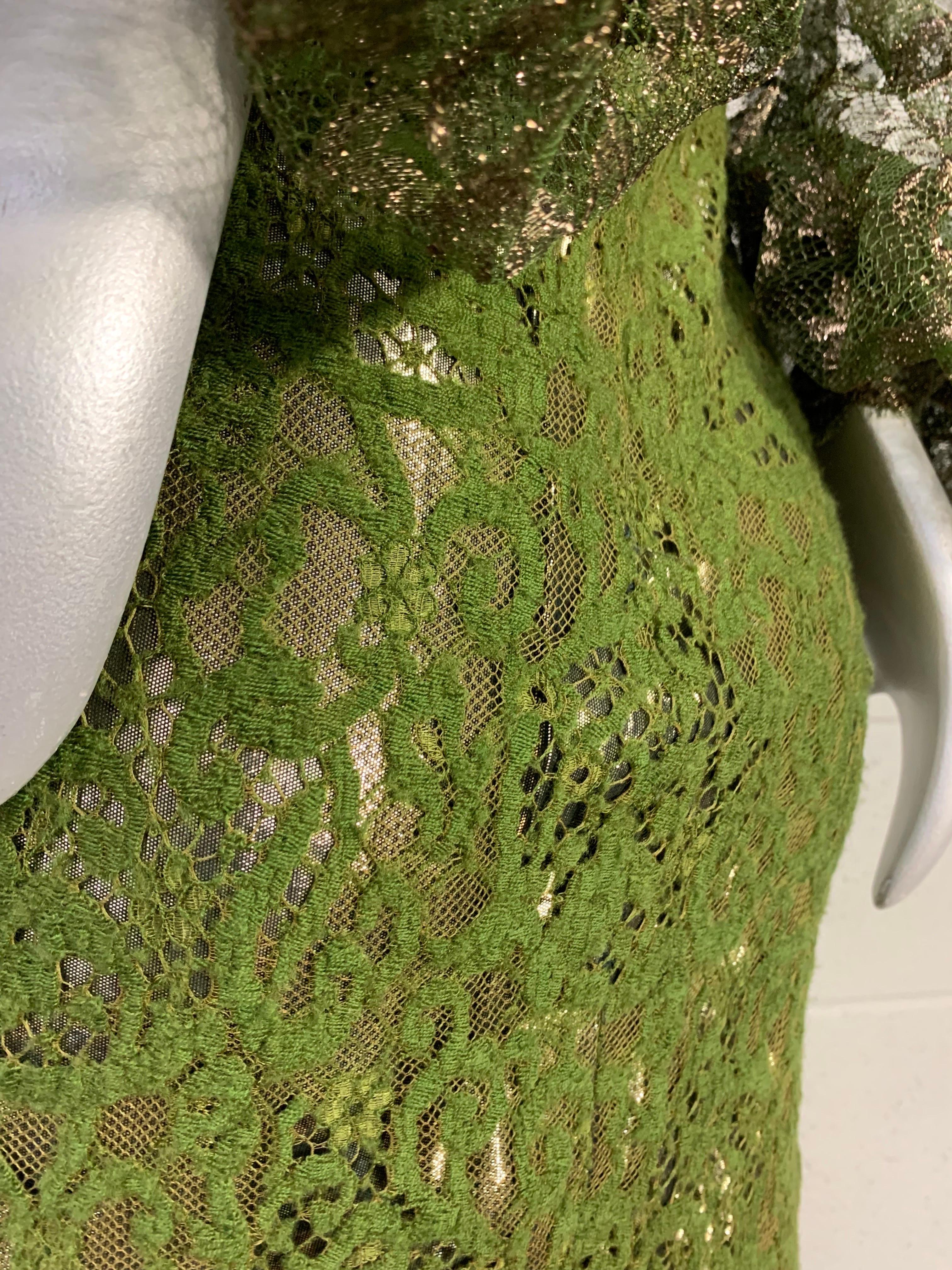 1980s James Galanos Olive Green Lace Minidress w Sheer Lame Lace Balloon Sleeves For Sale 6