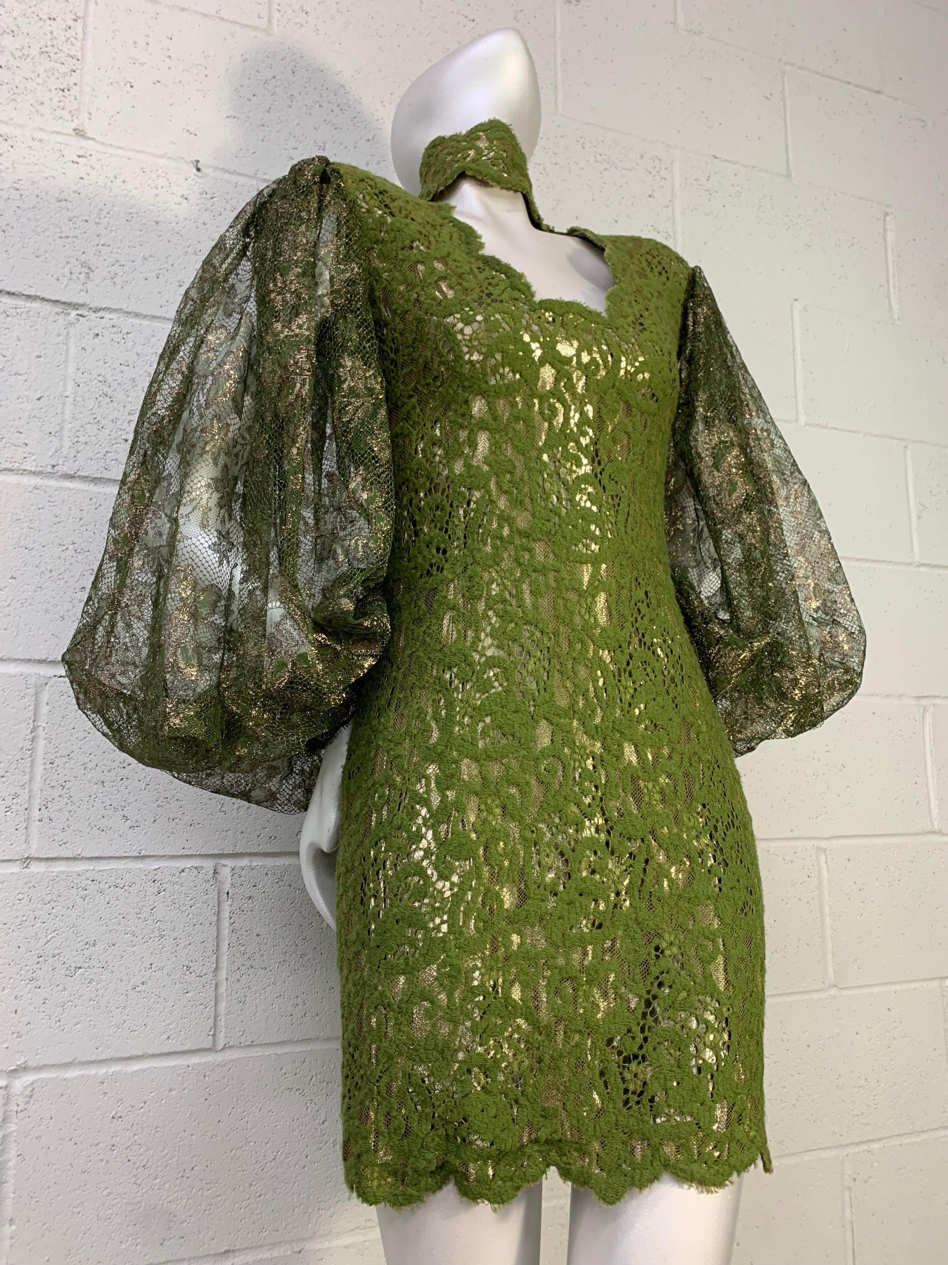 1980s James Galanos Olive Green Lace Minidress w Sheer Lame Lace Balloon Sleeves For Sale 7