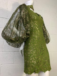 1980s James Galanos Olive Green Lace Minidress w Sheer Lame Lace Balloon Sleeves