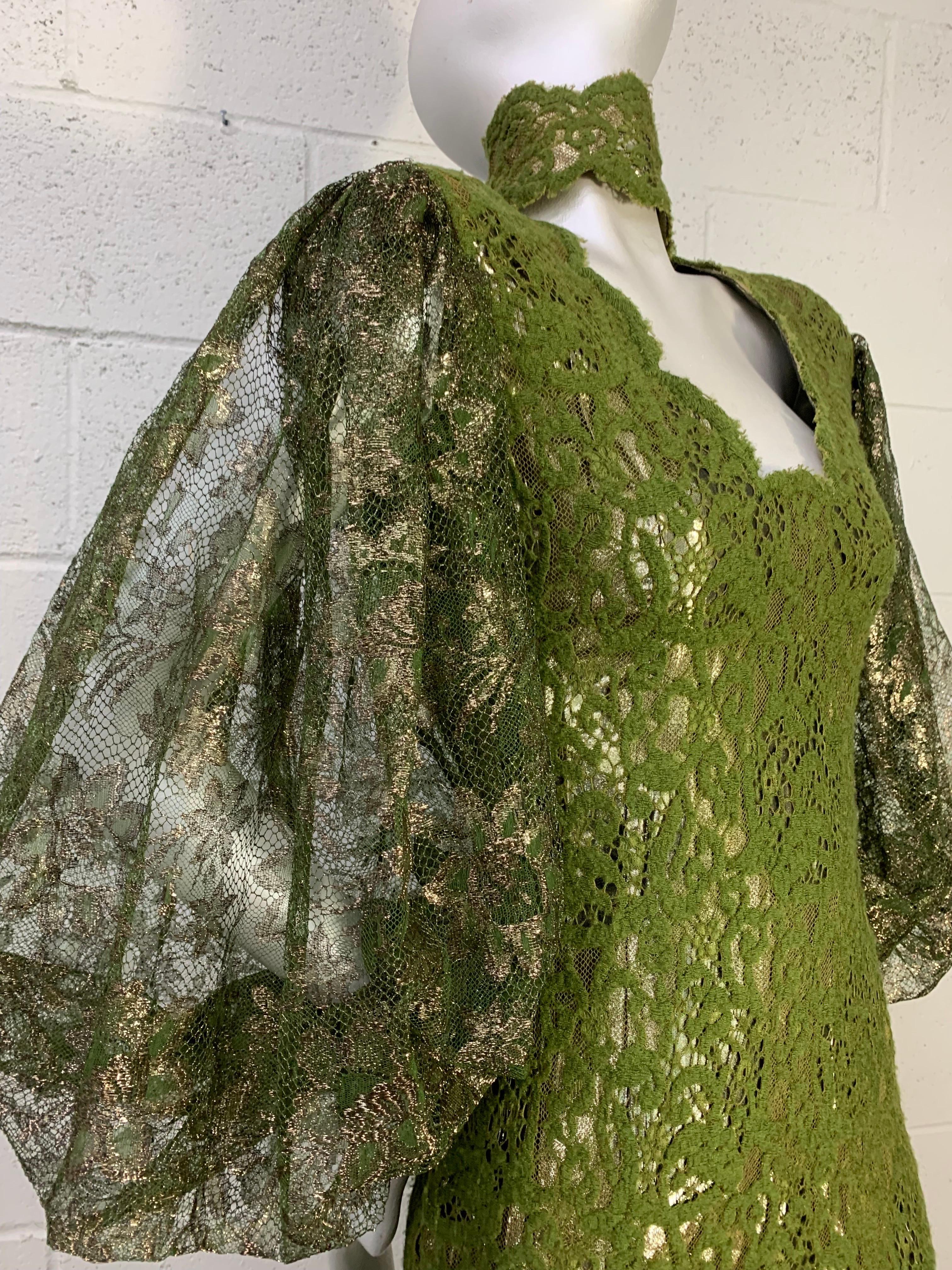 Brown 1980s James Galanos Olive Green Lace Minidress w Sheer Lame Lace Balloon Sleeves For Sale