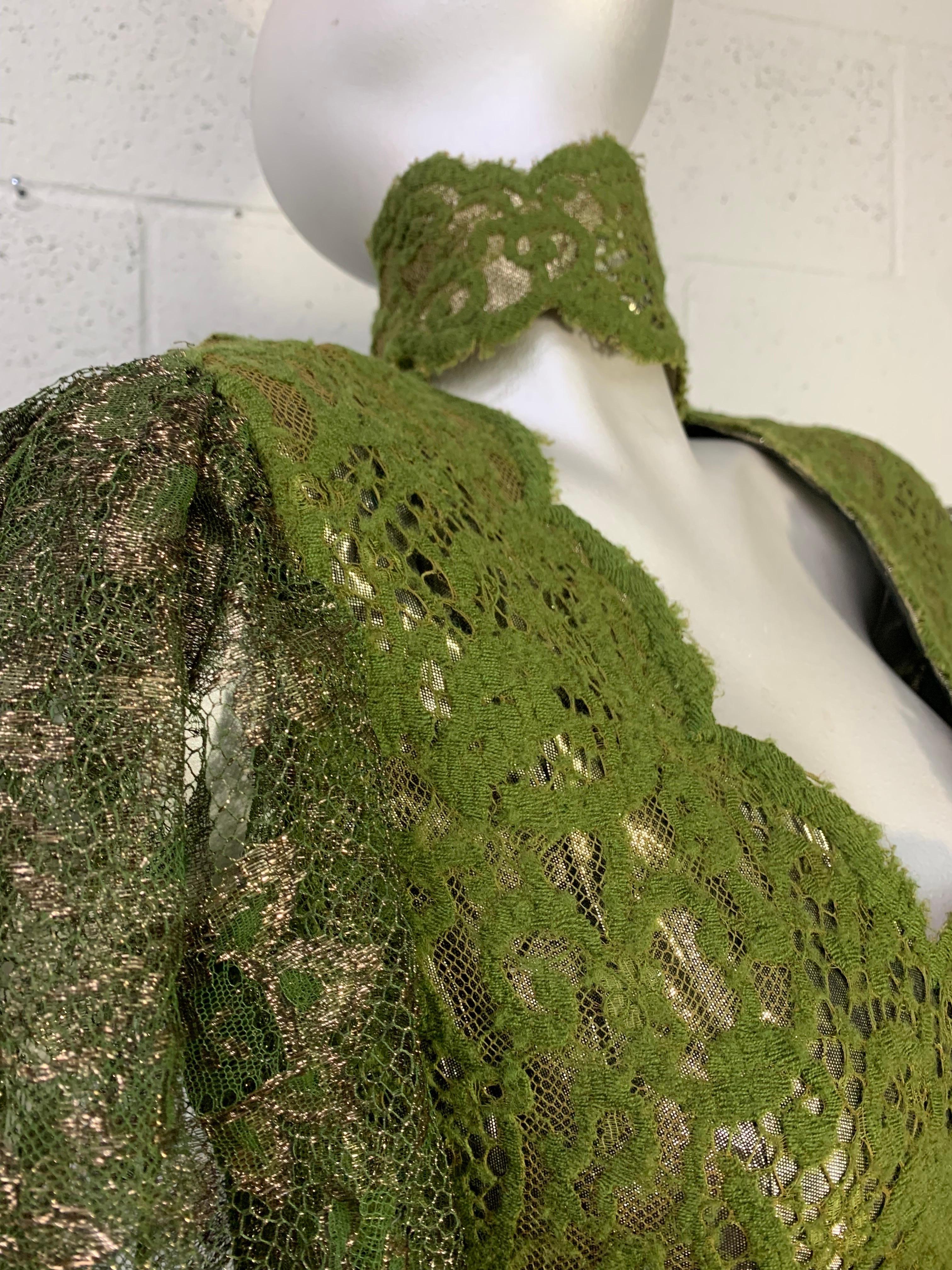 1980s James Galanos Olive Green Lace Minidress w Sheer Lame Lace Balloon Sleeves In Excellent Condition For Sale In Gresham, OR