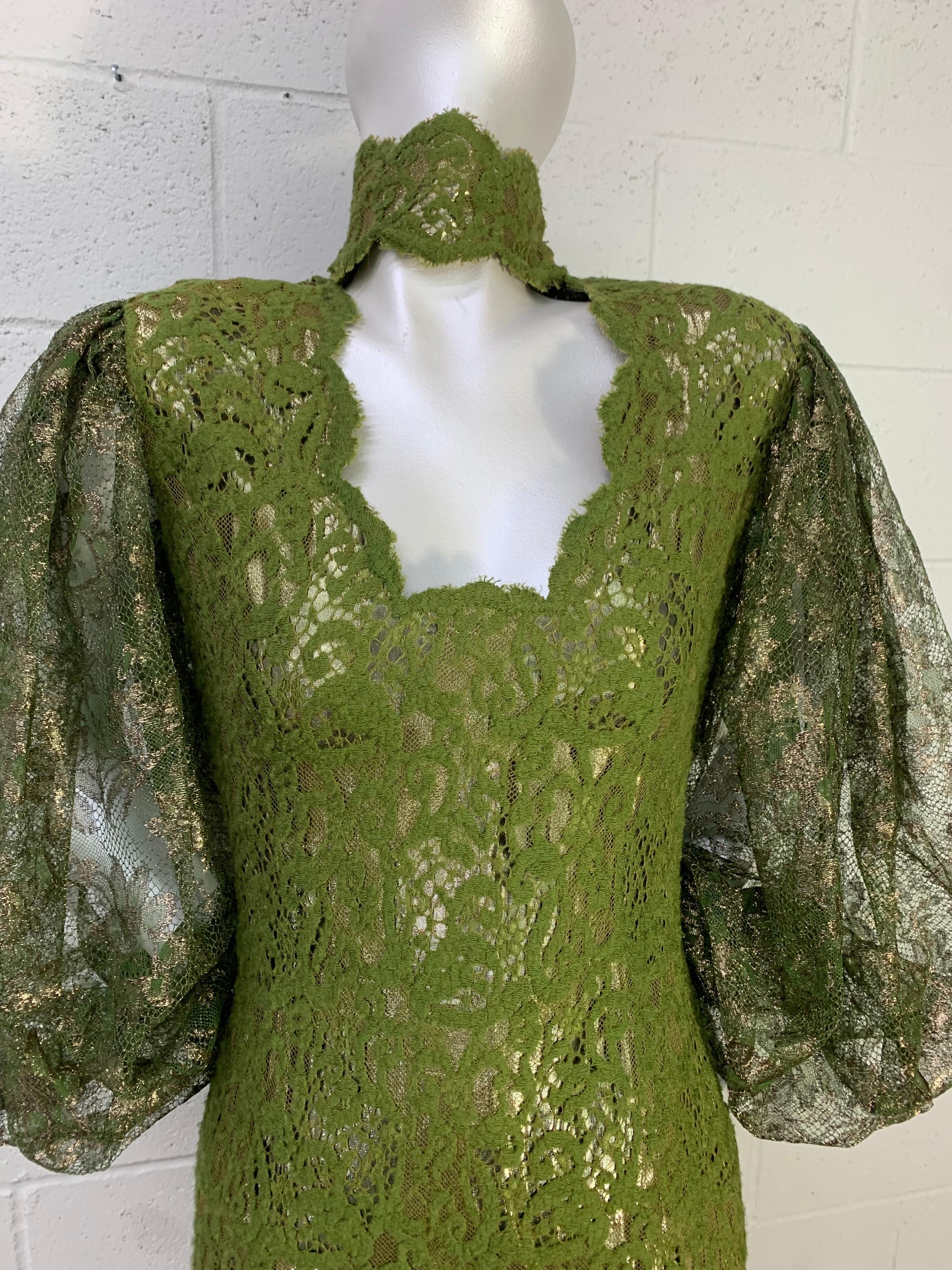 Women's 1980s James Galanos Olive Green Lace Minidress w Sheer Lame Lace Balloon Sleeves For Sale