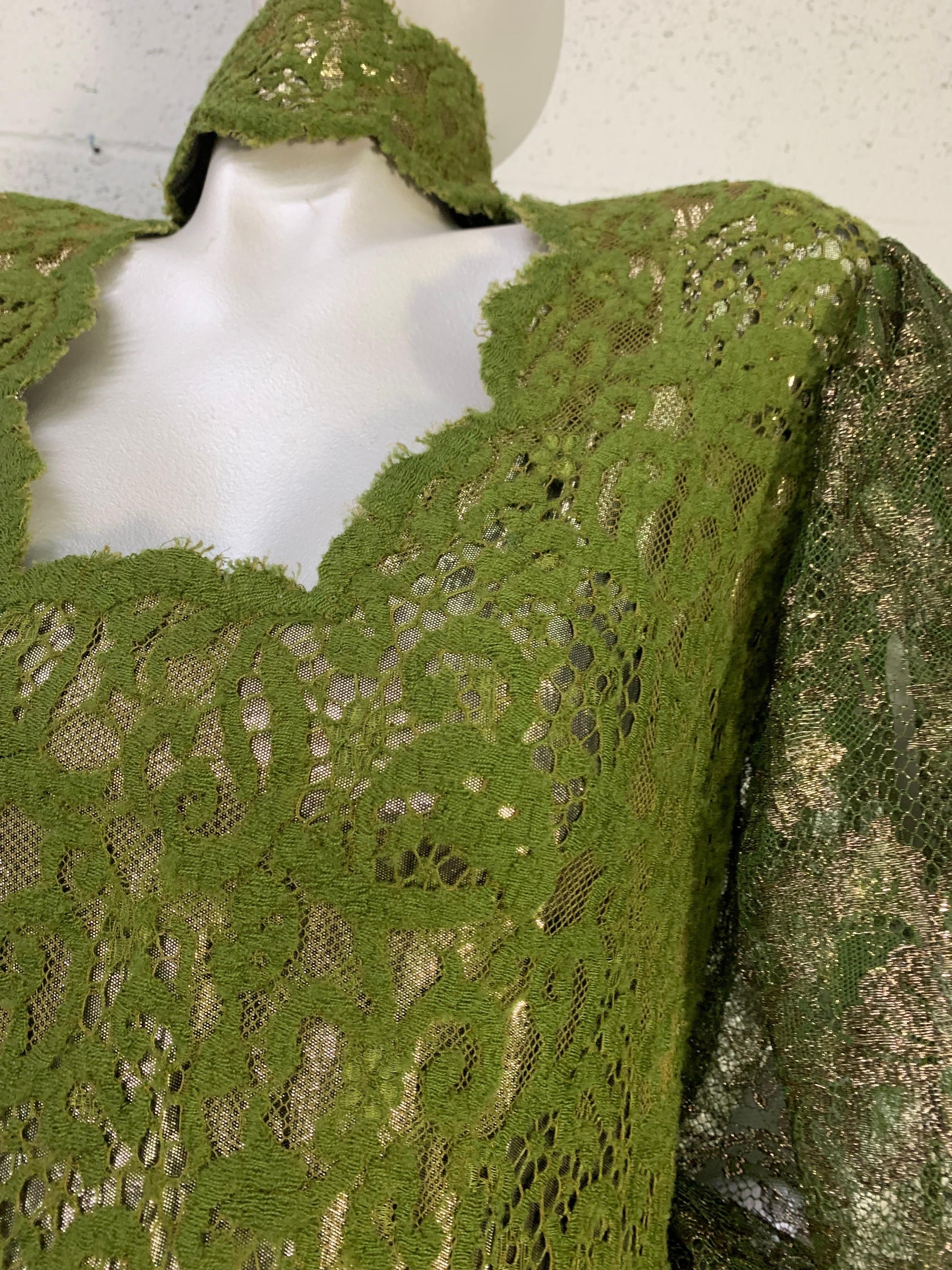 1980s James Galanos Olive Green Lace Minidress w Sheer Lame Lace Balloon Sleeves For Sale 1