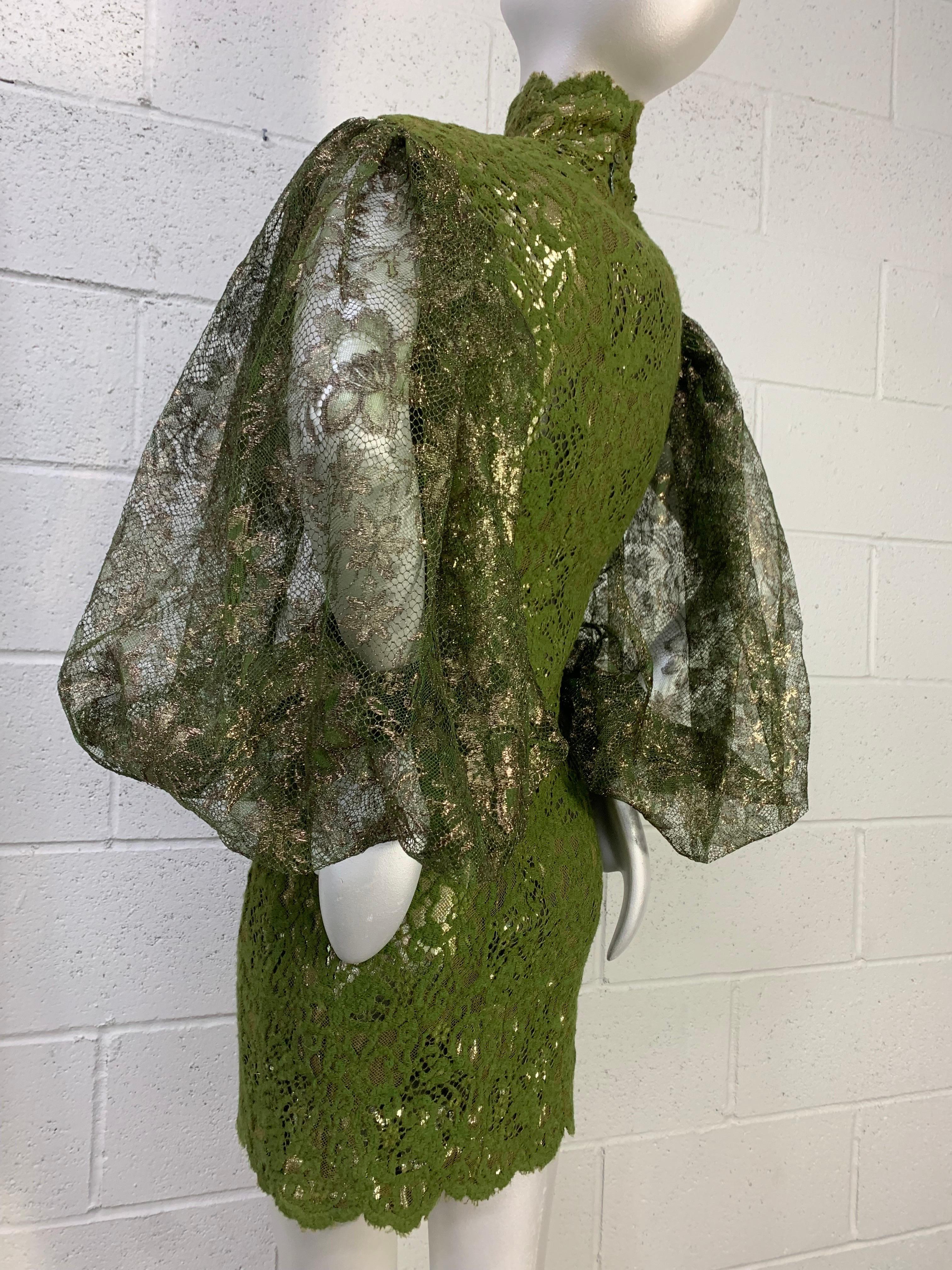 1980s James Galanos Olive Green Lace Minidress w Sheer Lame Lace Balloon Sleeves For Sale 3