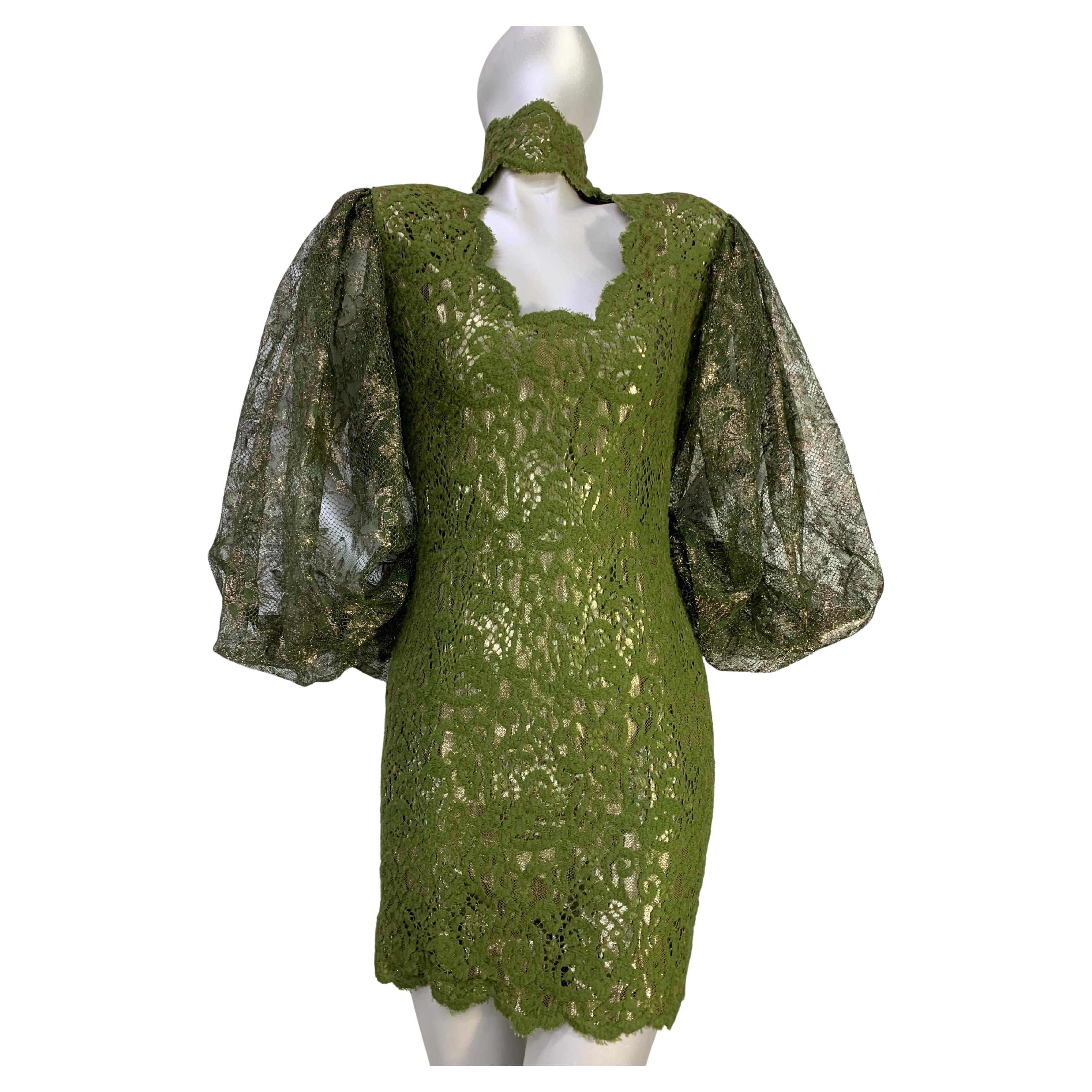 1980s James Galanos Olive Green Lace Minidress w Sheer Lame Lace Balloon Sleeves