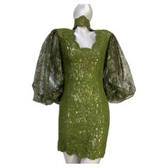 Retro 1980s James Galanos Olive Green Lace Minidress w Sheer Lame Lace Balloon Sleeves