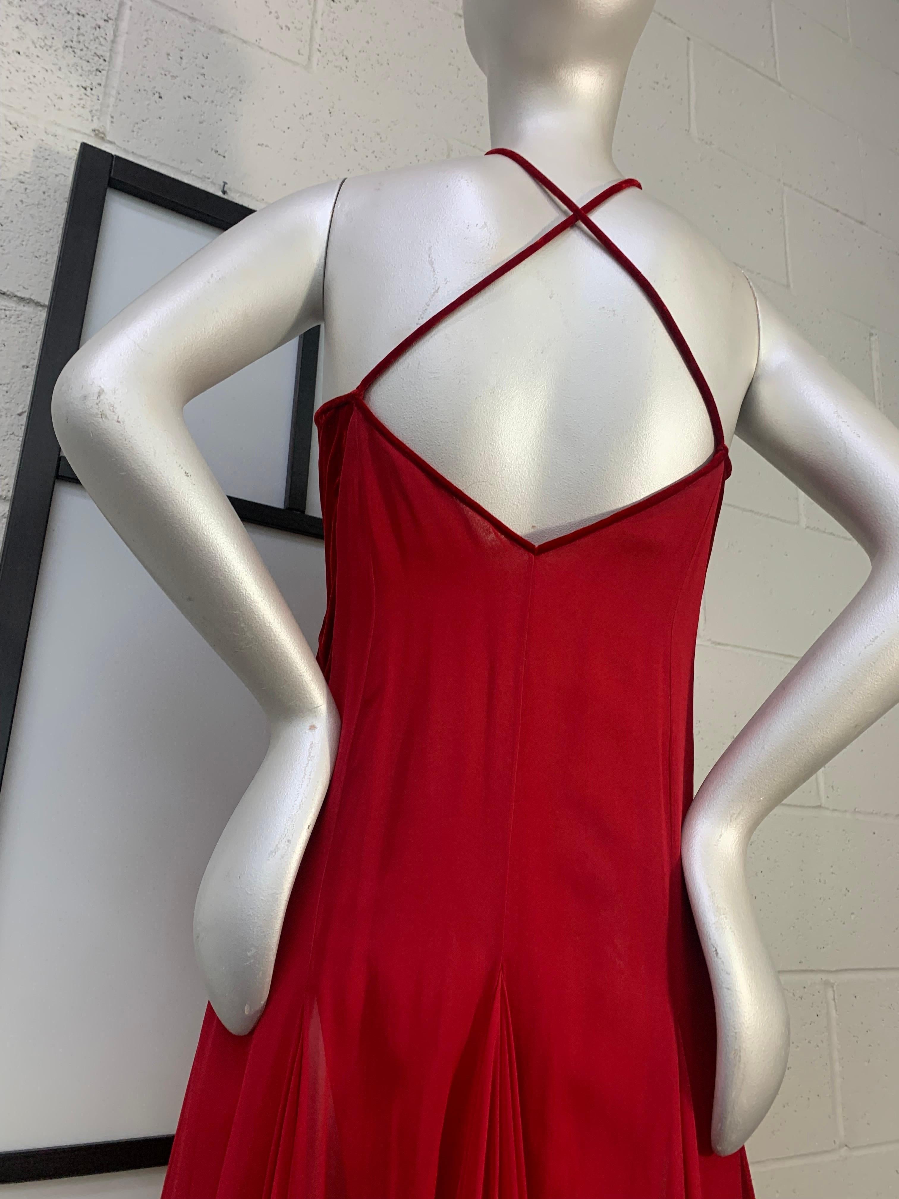 1980s James Galanos Red Silk Chiffon & Velvet Handkerchief Hem Slip Dress 8