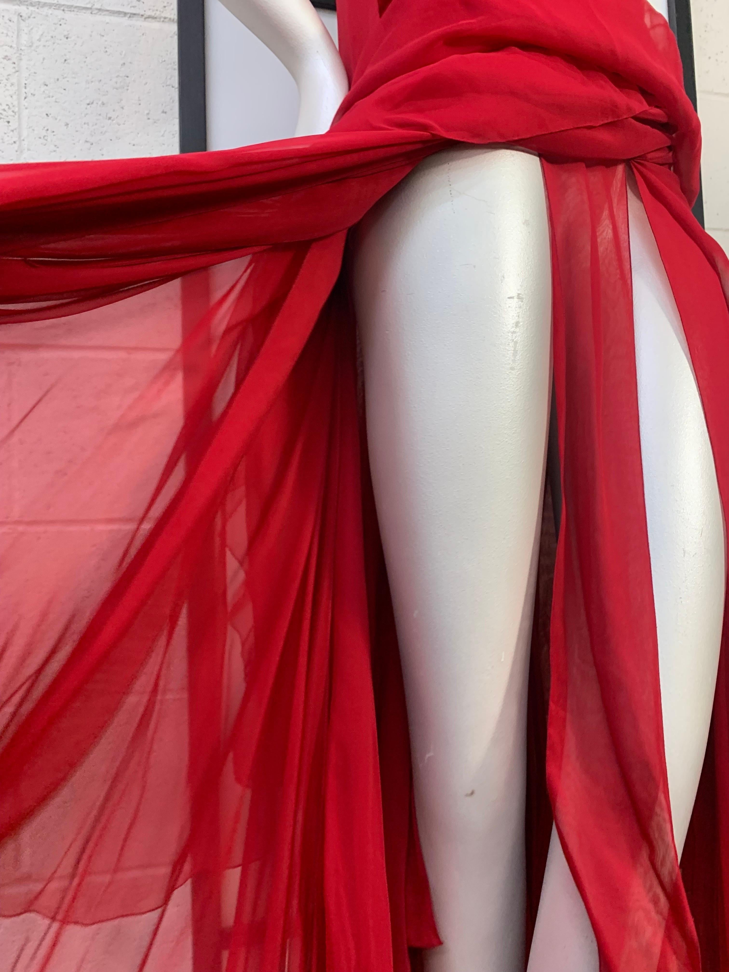 1980s James Galanos Red Silk Chiffon & Velvet Handkerchief Hem Slip Dress 11