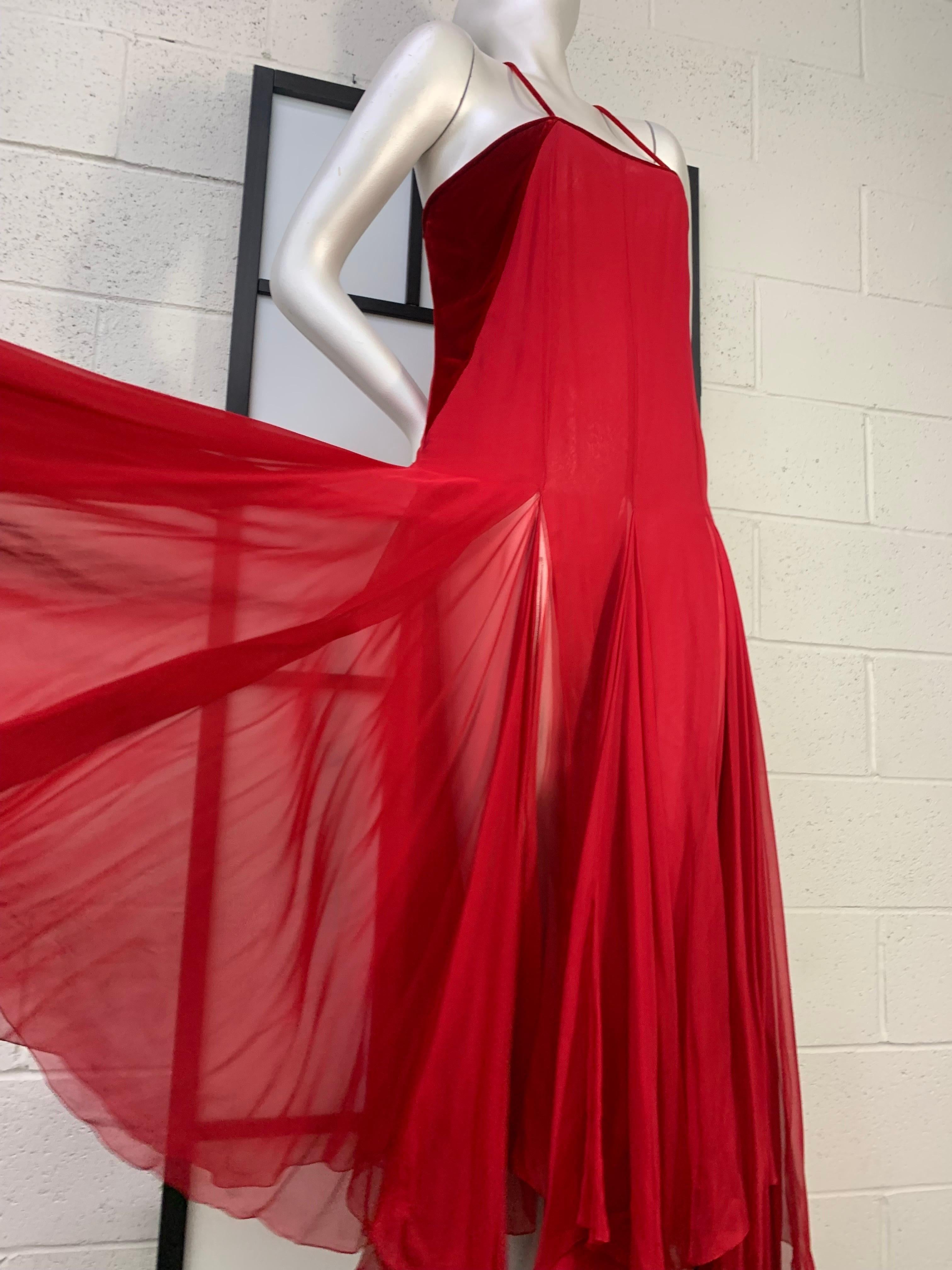 1980s James Galanos Red Silk Chiffon & Velvet Handkerchief Hem Slip Dress In Excellent Condition In Gresham, OR