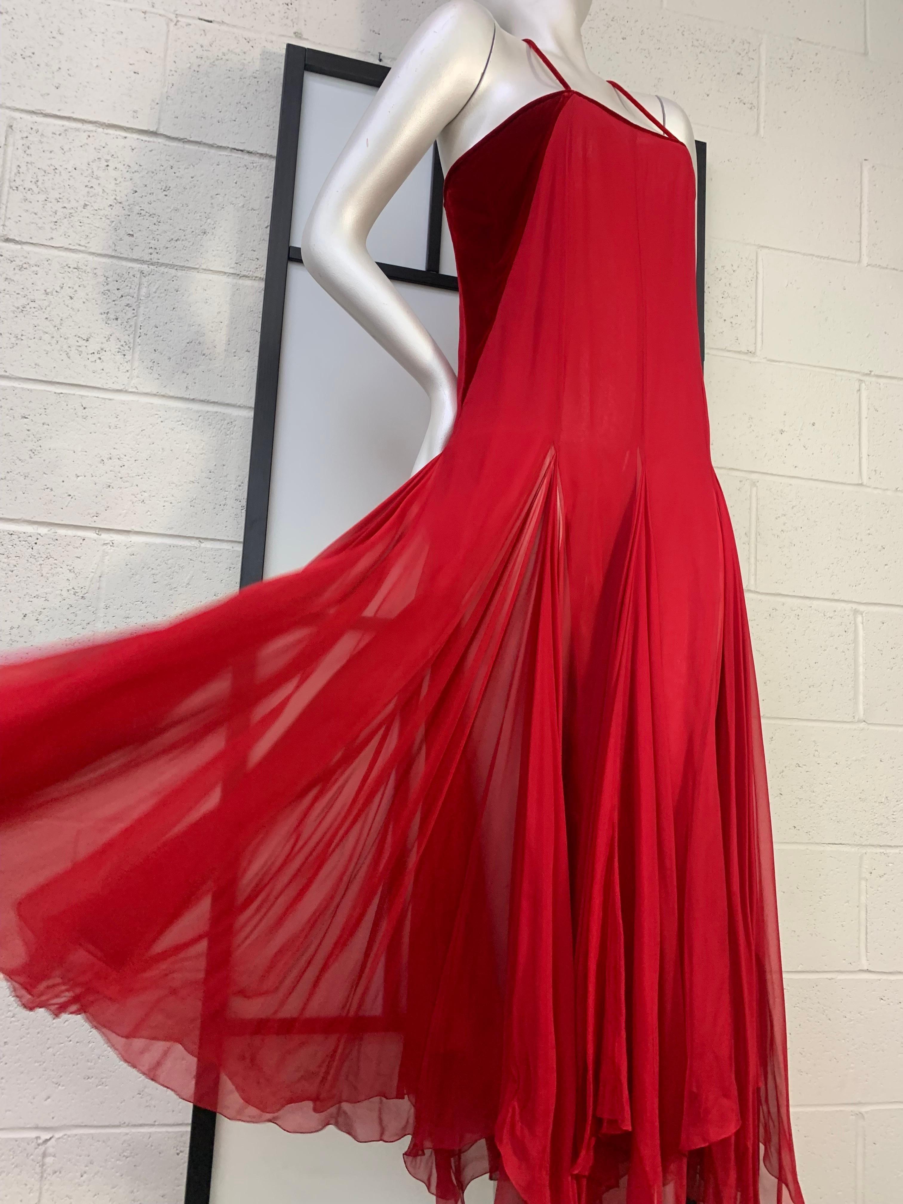 Women's 1980s James Galanos Red Silk Chiffon & Velvet Handkerchief Hem Slip Dress