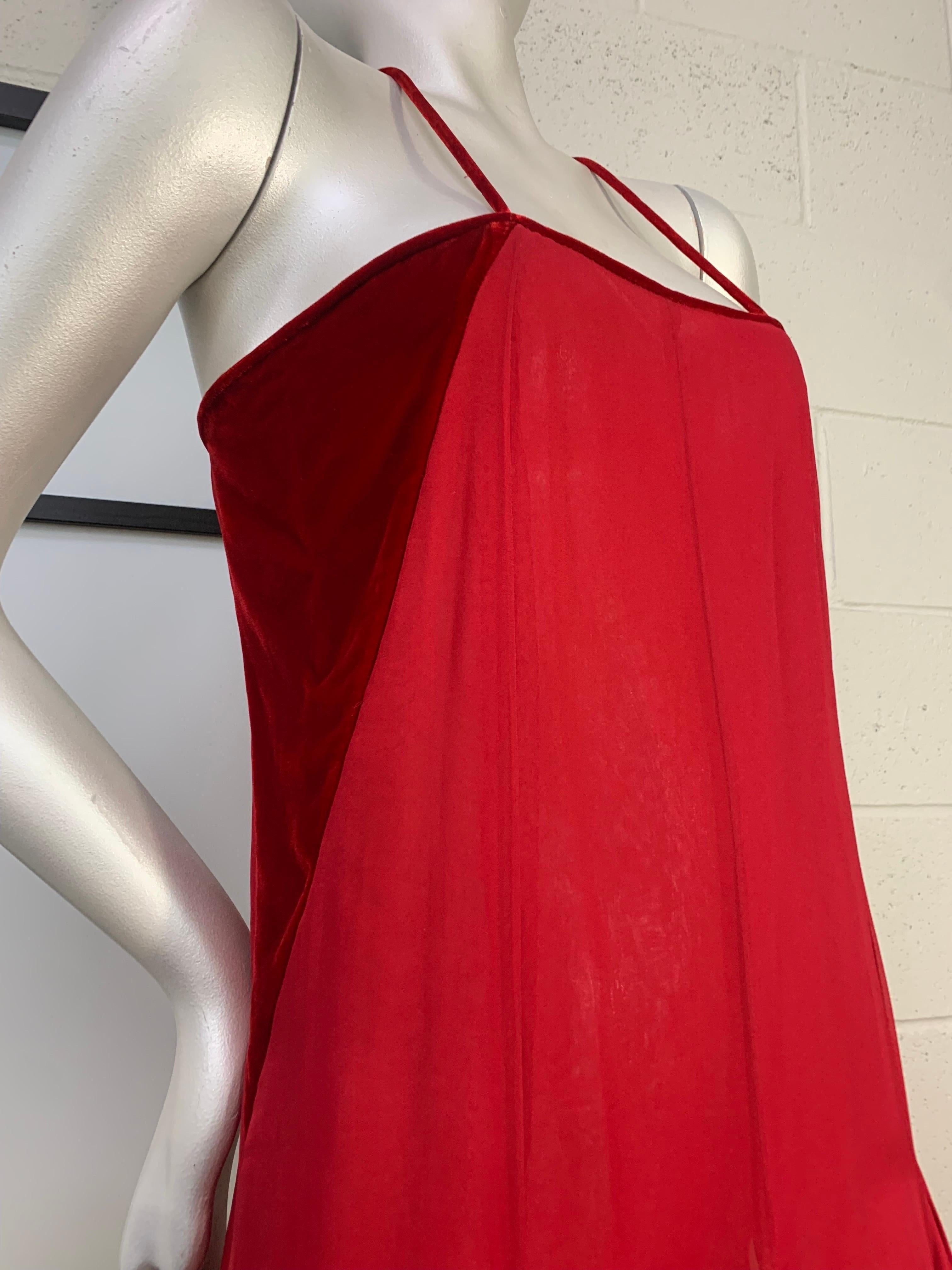 1980s James Galanos Red Silk Chiffon & Velvet Handkerchief Hem Slip Dress 1