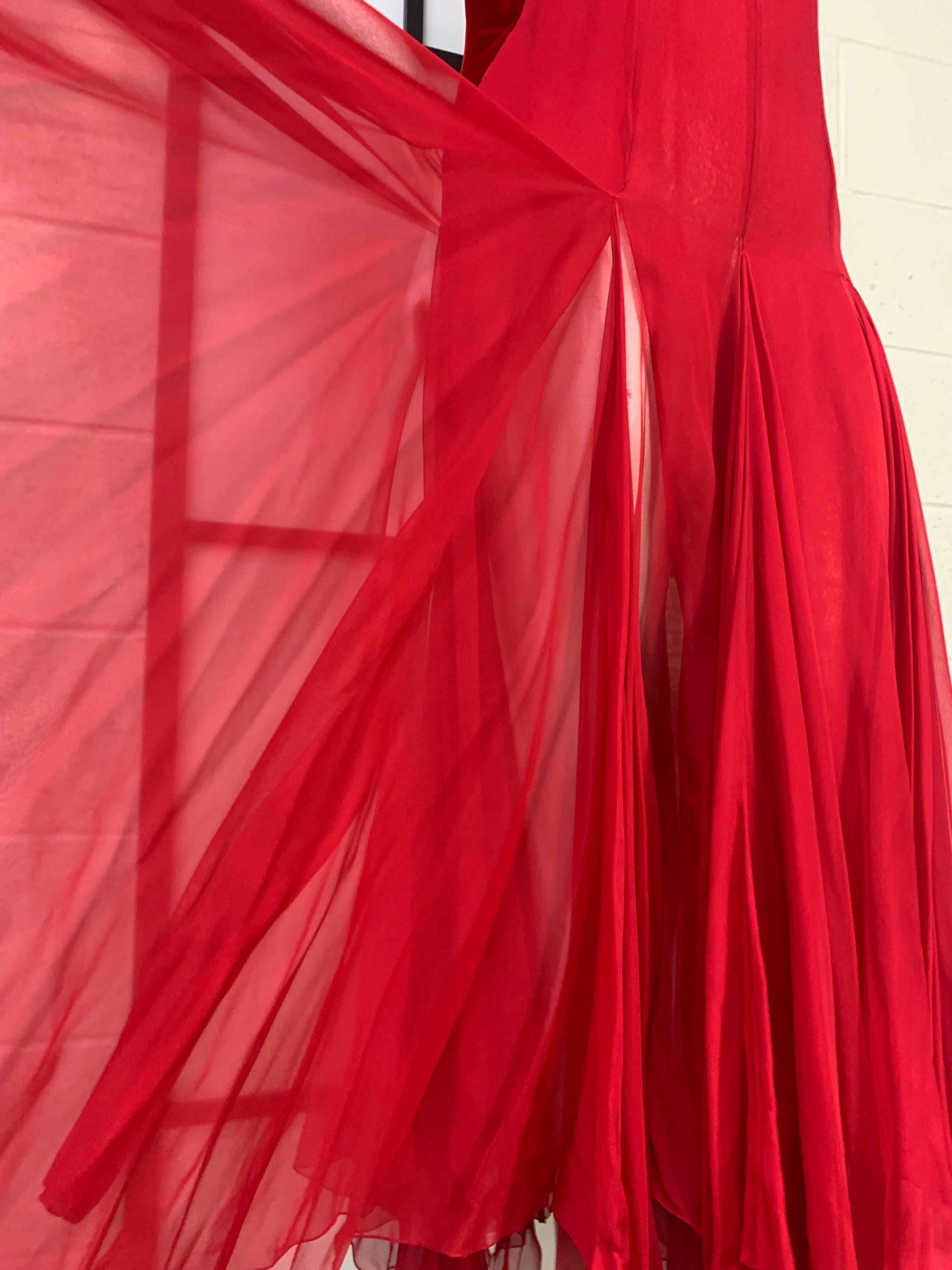 1980s James Galanos Red Silk Chiffon & Velvet Handkerchief Hem Slip Dress 2