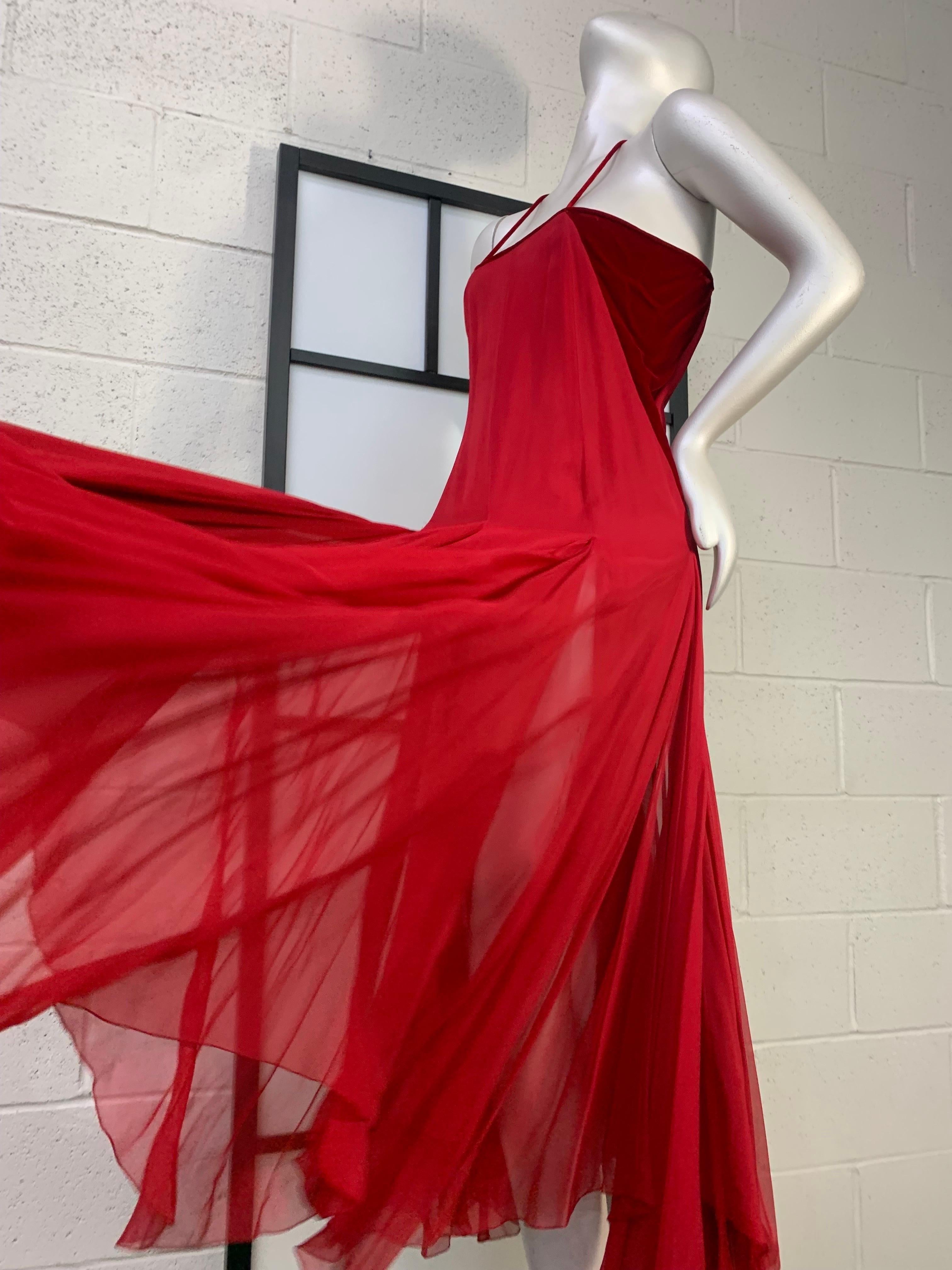 1980s James Galanos Red Silk Chiffon & Velvet Handkerchief Hem Slip Dress 3