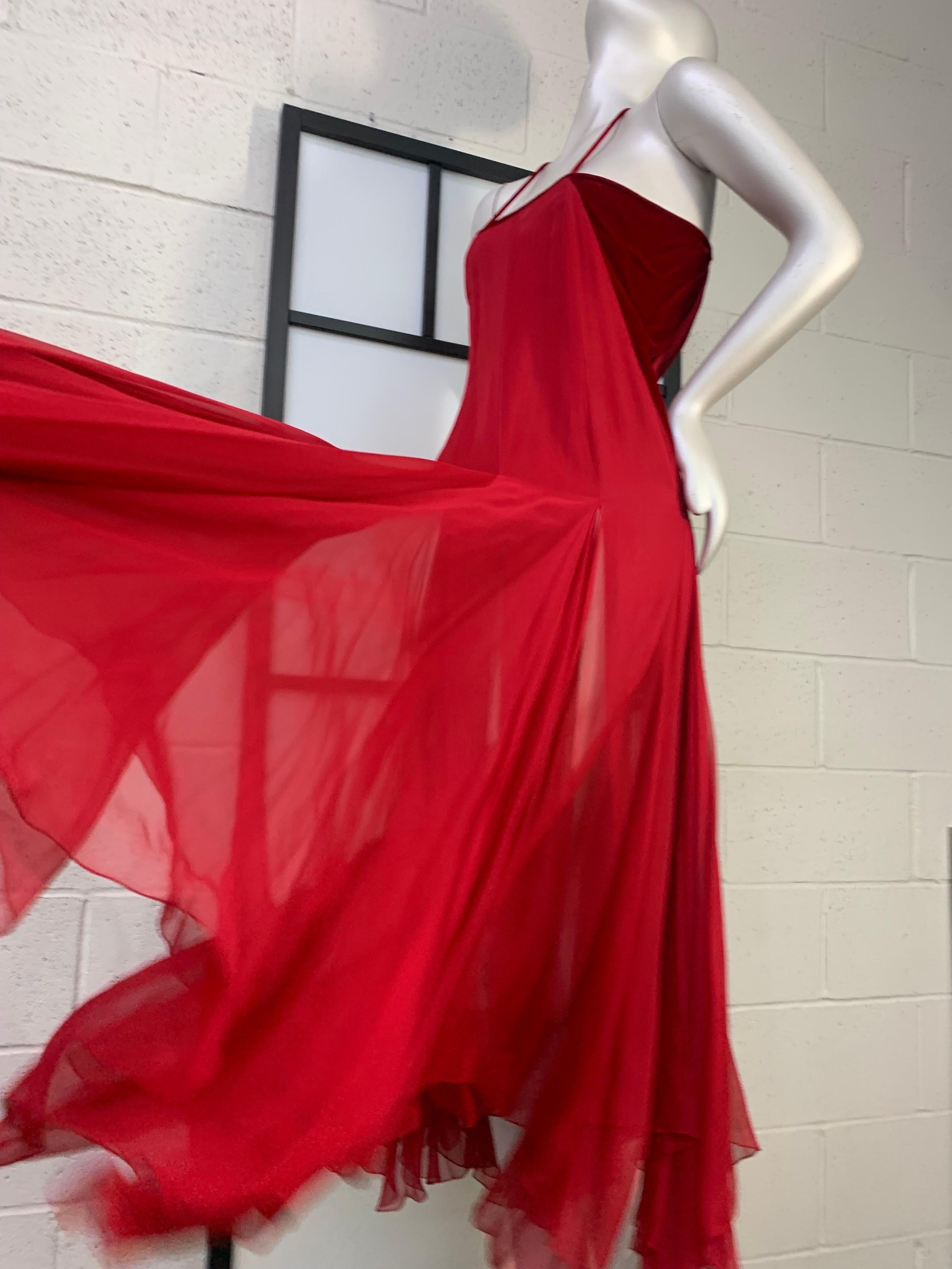 1980s James Galanos Red Silk Chiffon & Velvet Handkerchief Hem Slip Dress 4