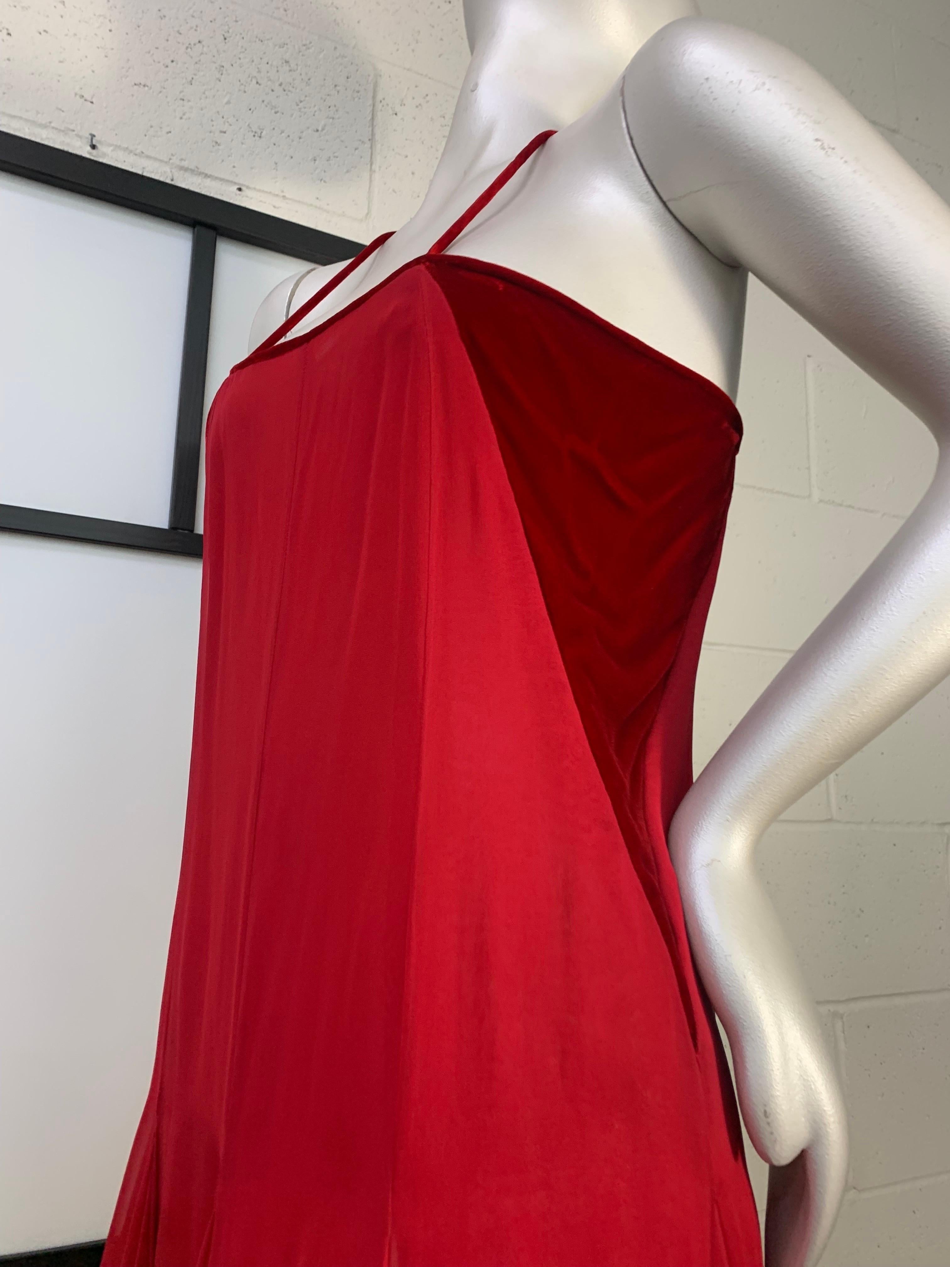 1980s James Galanos Red Silk Chiffon & Velvet Handkerchief Hem Slip Dress 5