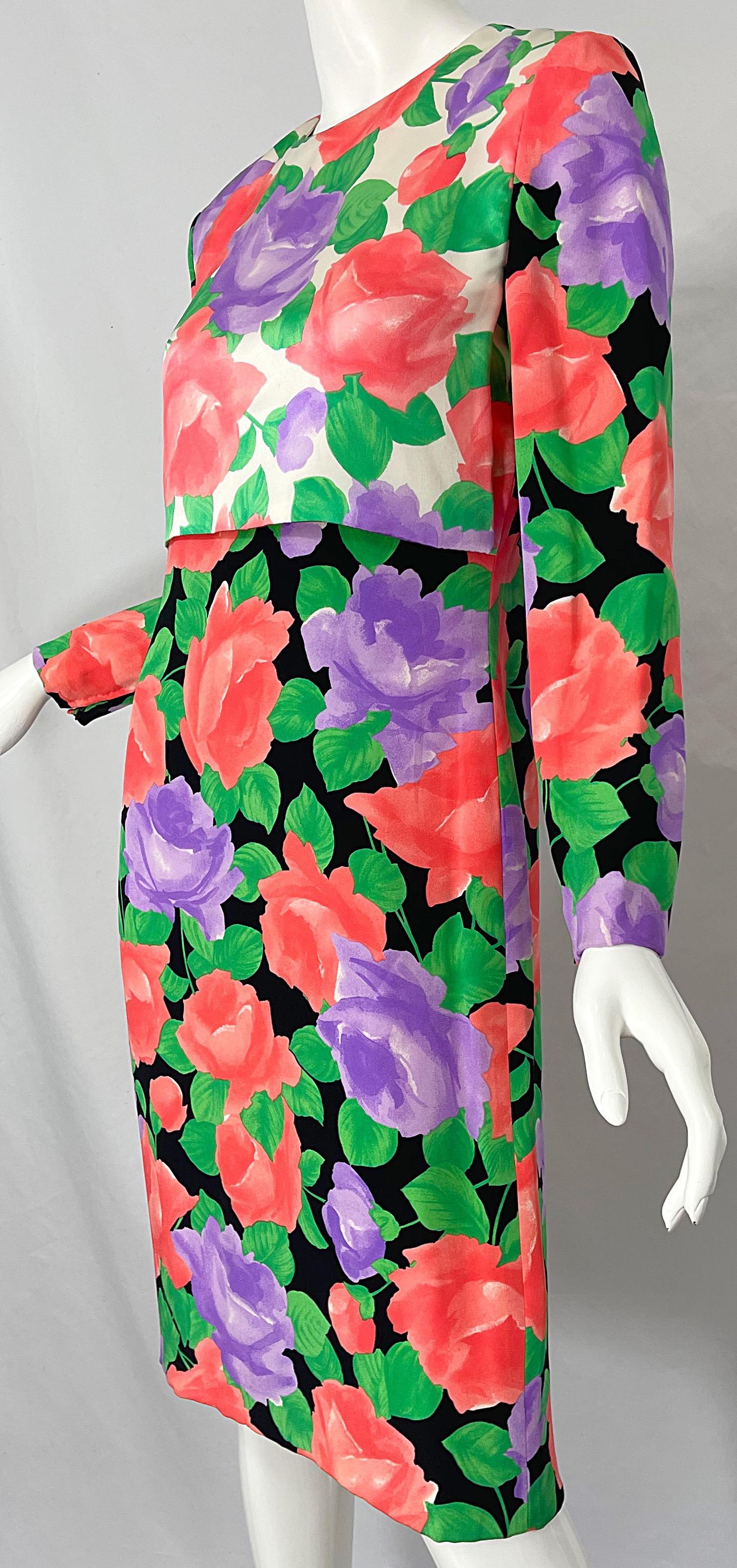 1980s James Galanos Rose Floral Print Silk Vintage 80s Dress + Swing Jacket For Sale 4