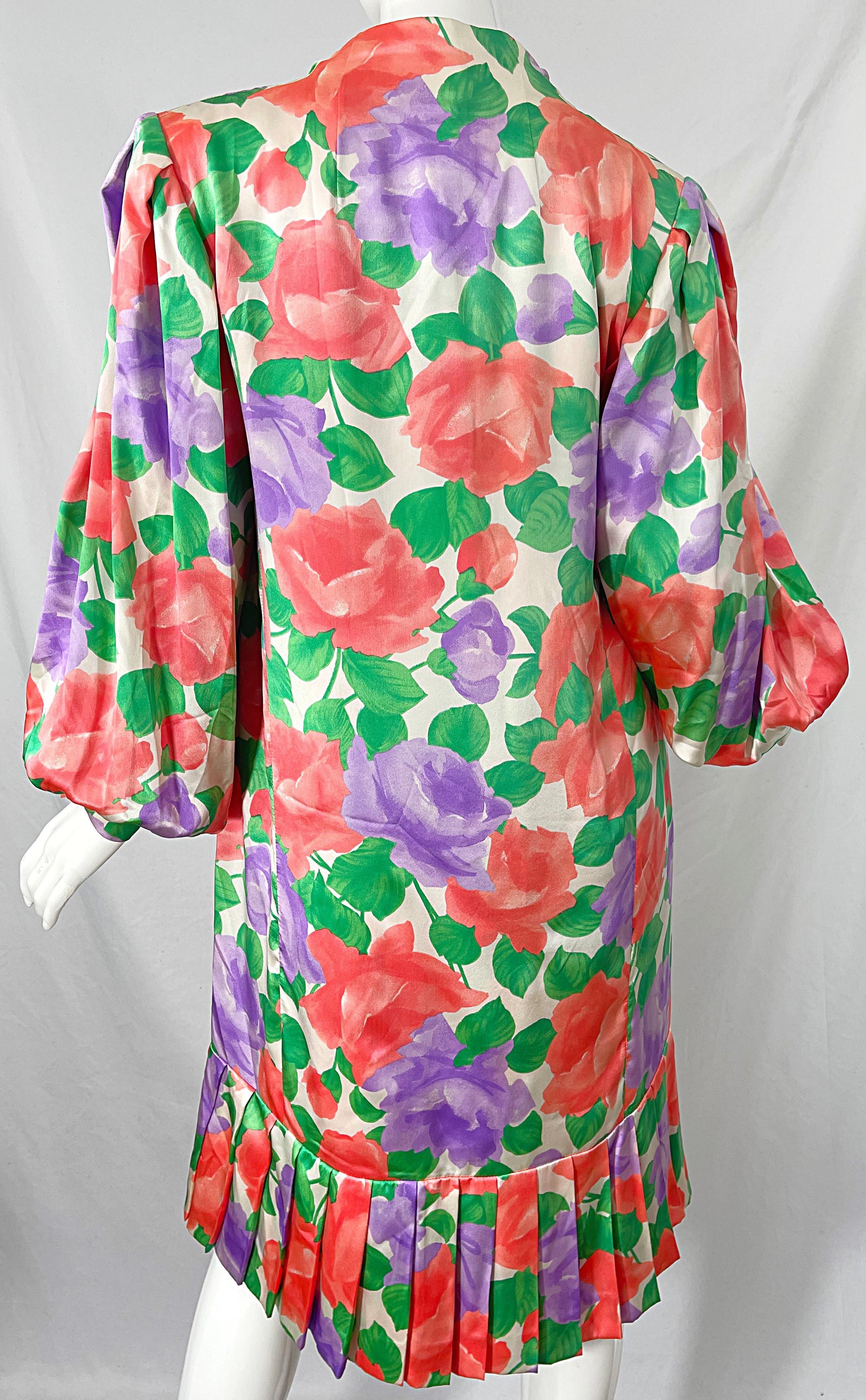 1980s James Galanos Rose Floral Print Silk Vintage 80s Dress + Swing Jacket For Sale 5