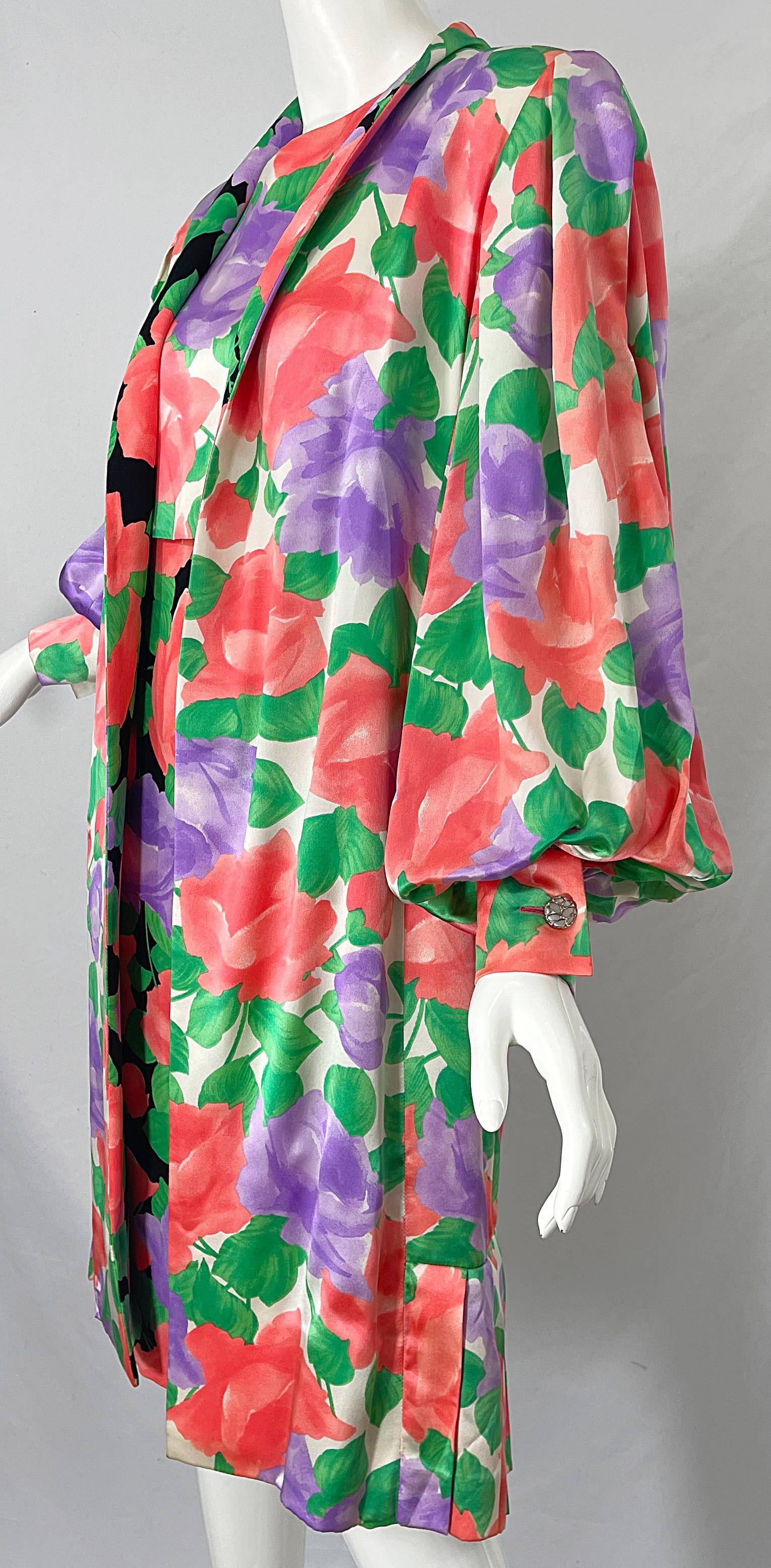 1980s James Galanos Rose Floral Print Silk Vintage 80s Dress + Swing Jacket For Sale 6