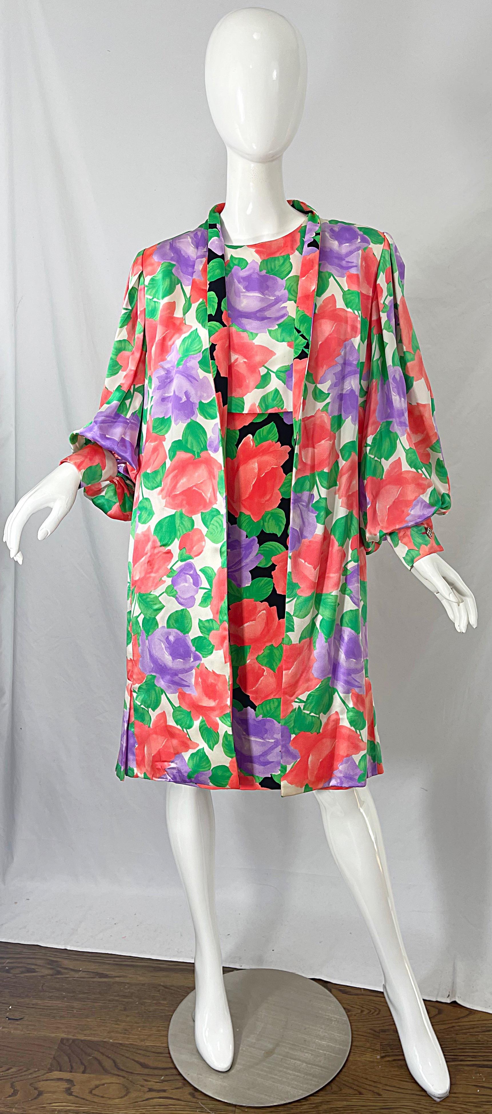 1980s James Galanos Rose Floral Print Silk Vintage 80s Dress + Swing Jacket For Sale 7