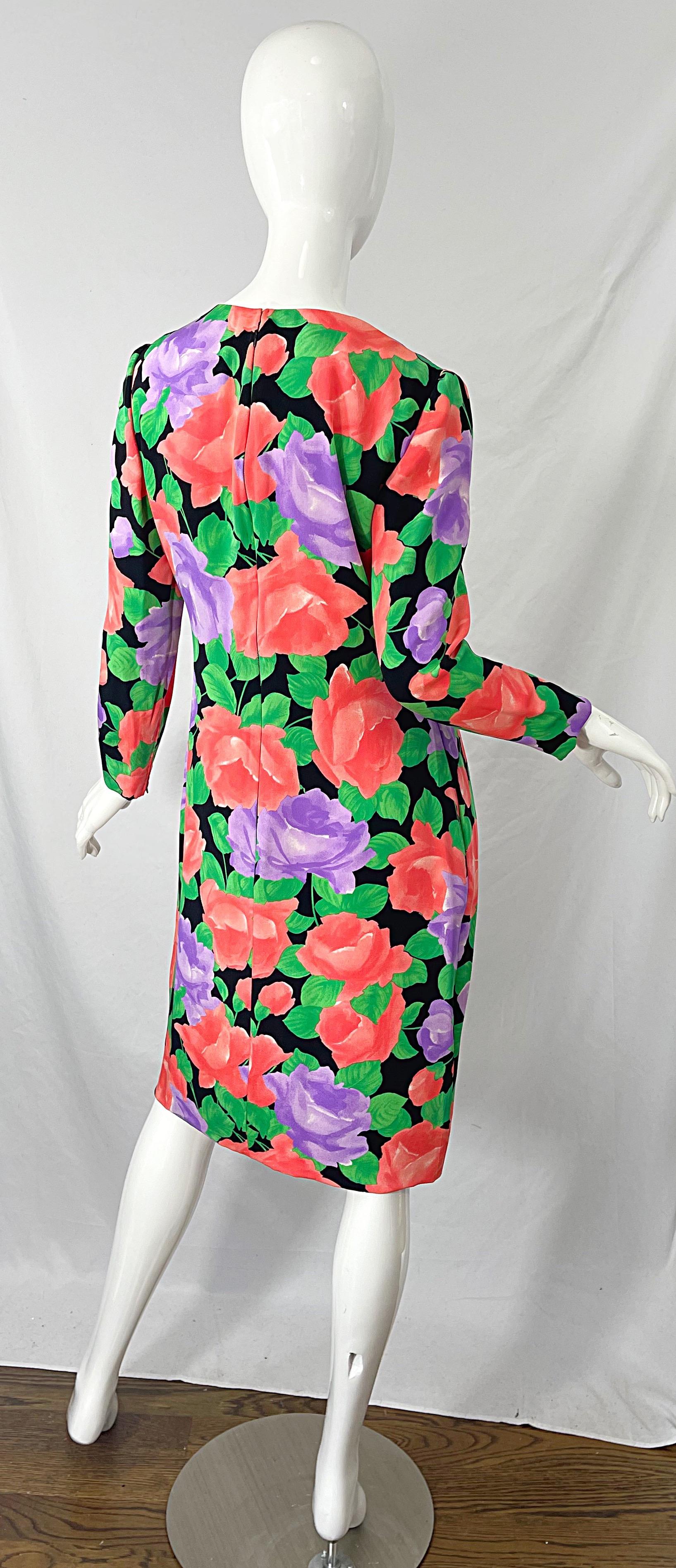 1980s James Galanos Rose Floral Print Silk Vintage 80s Dress + Swing Jacket For Sale 8