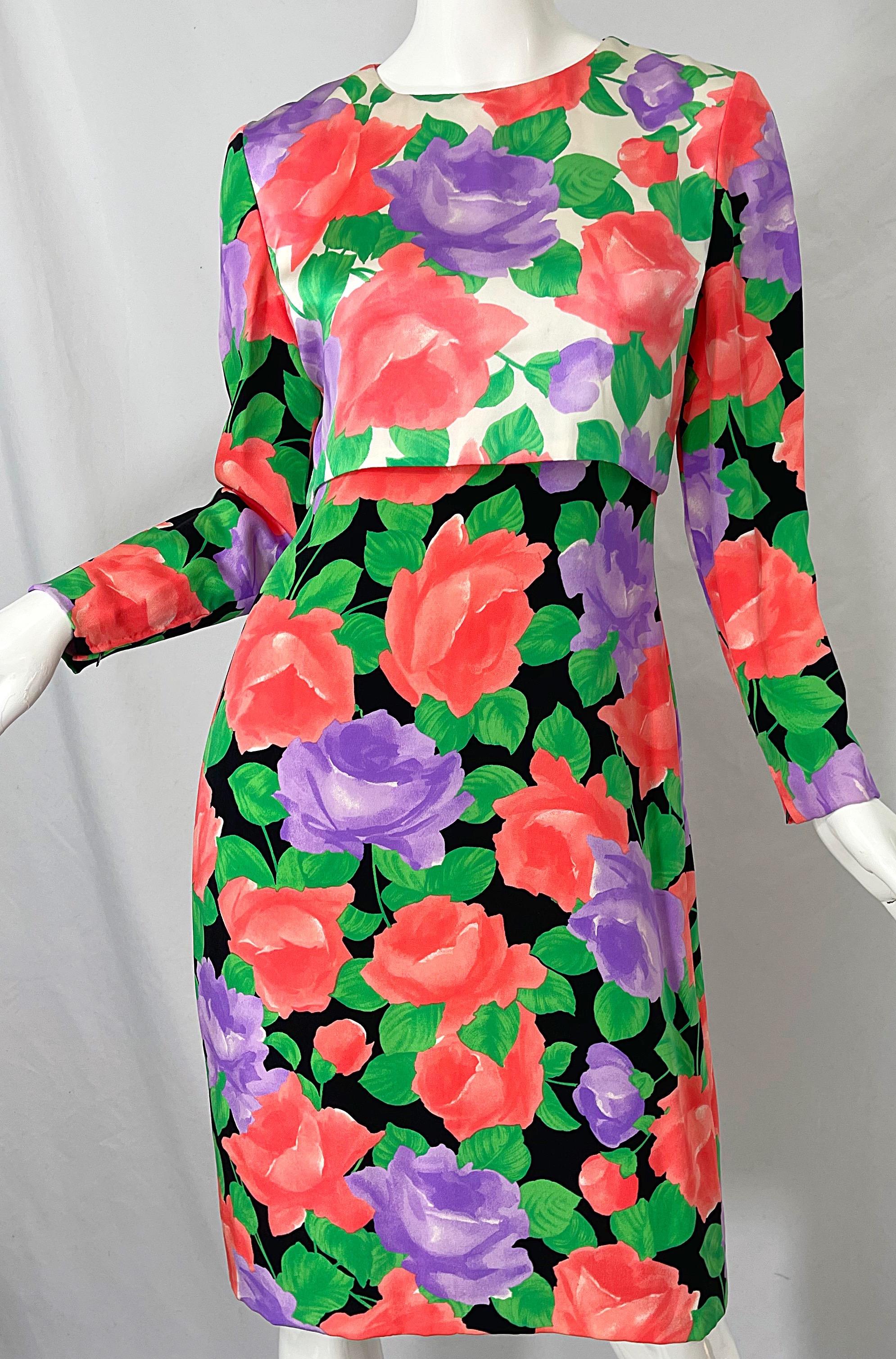 1980s James Galanos Rose Floral Print Silk Vintage 80s Dress + Swing Jacket For Sale 9