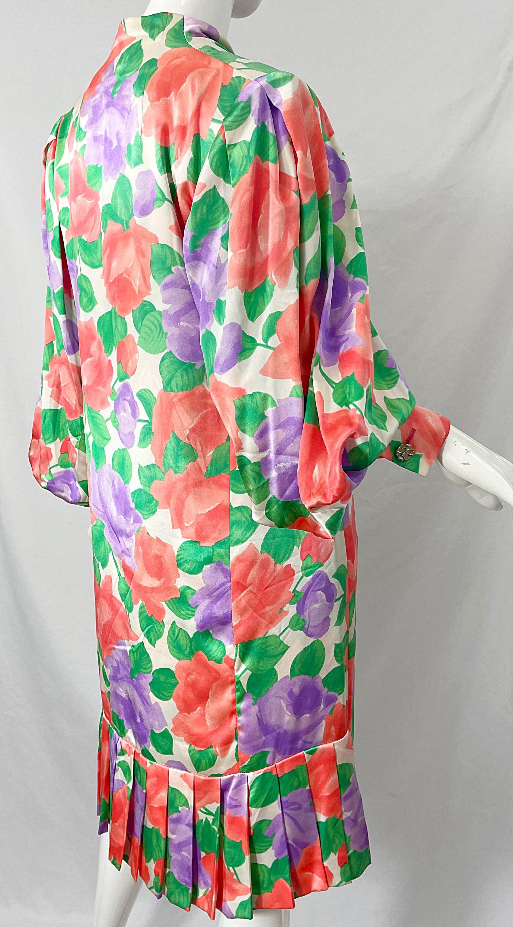 1980s James Galanos Rose Floral Print Silk Vintage 80s Dress + Swing Jacket For Sale 10